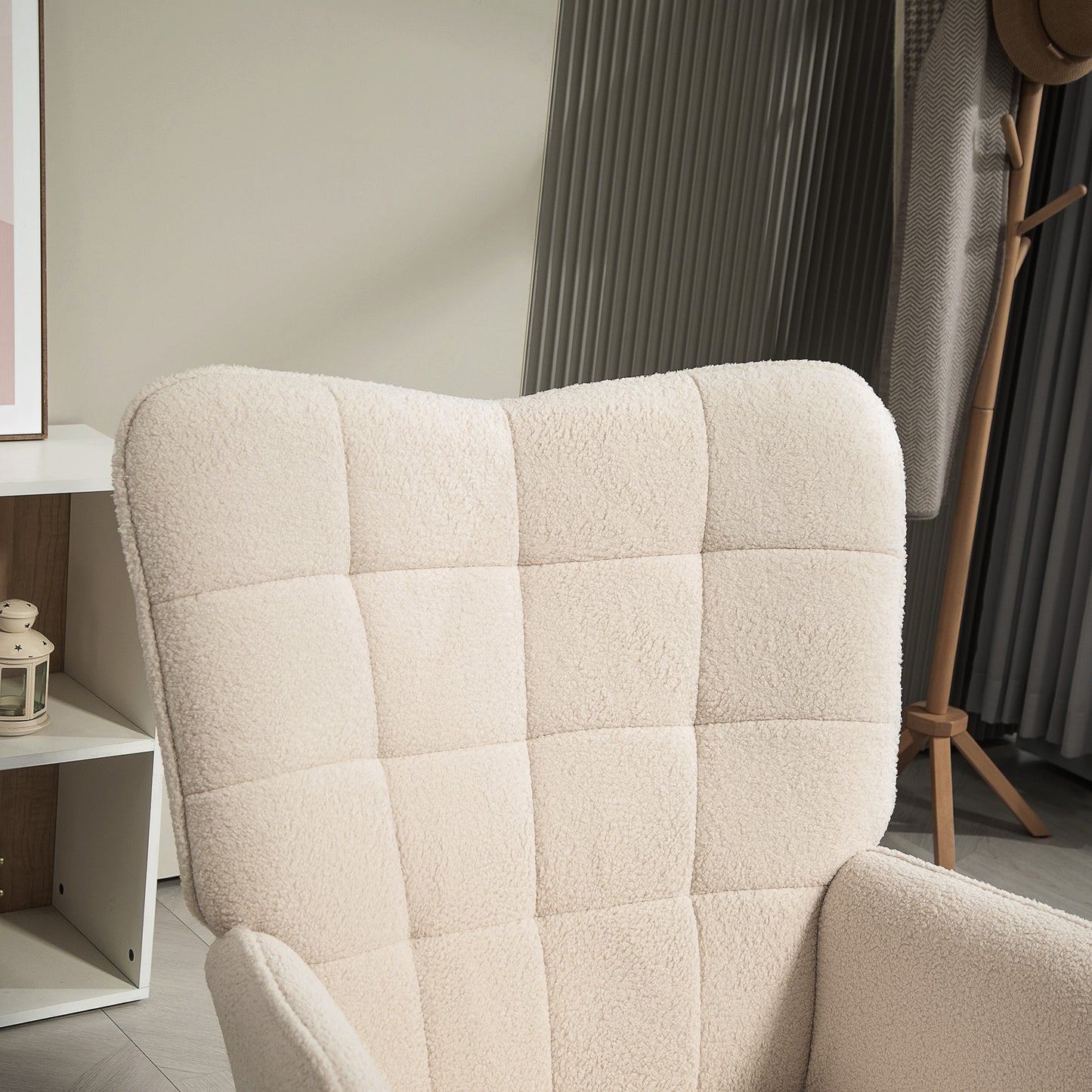 HOMCOM Modern Accent Chair, Upholstered Tufted Wingback Armchair with Seat Padding, Teddy Fleece Leisure Lounge Bedroom Chair with Wood Legs, Cream White - ChairwayUK