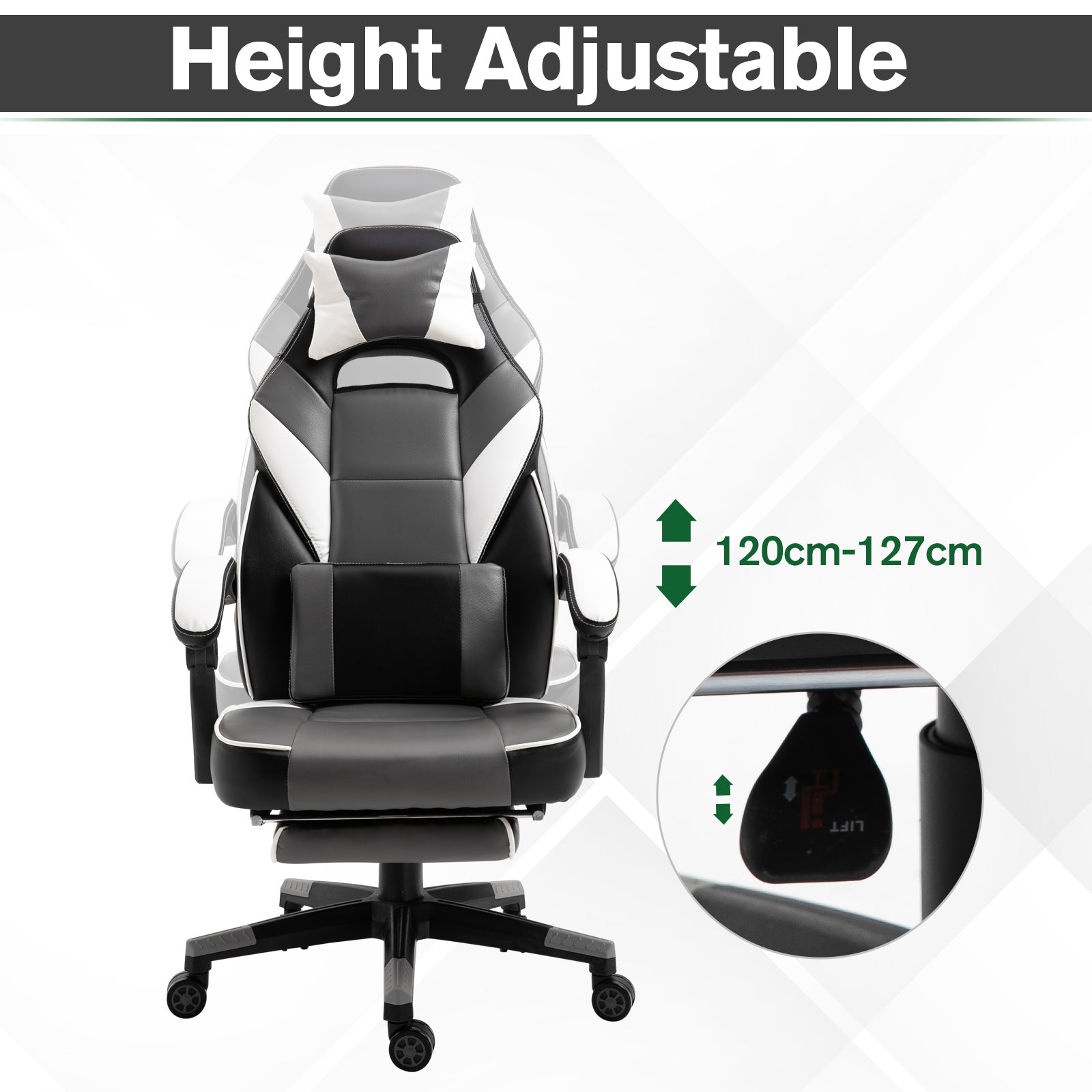 Image for Vinsetto Gaming Chair Ergonomic Recliner w/ Thick Padding Footrest Headrest Lumbar Pillow 5 Wheels Racing Swivel Height Adjustable Home Office Grey