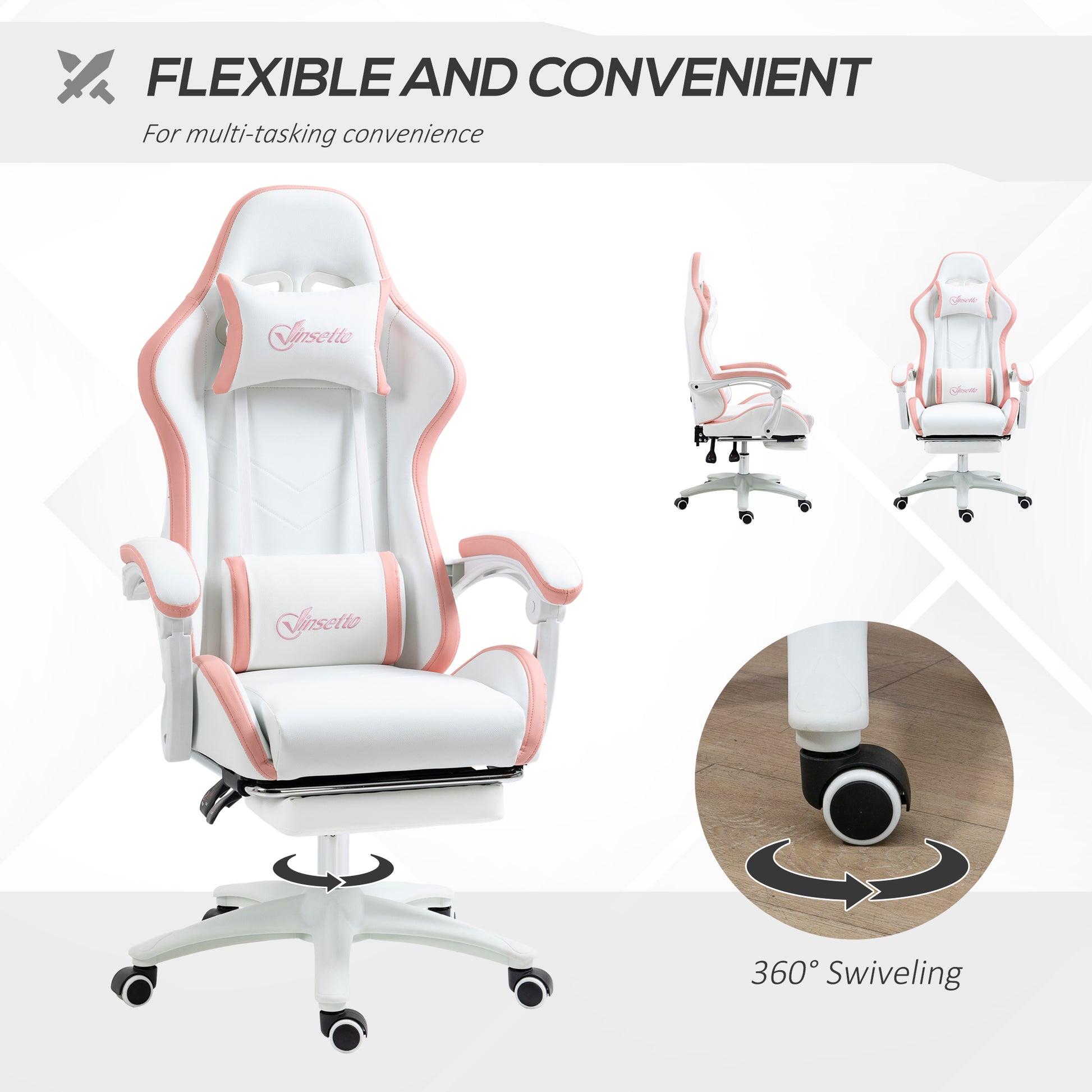 Image for Vinsetto Racing Gaming Chair, Reclining PU Leather Computer Chair with 360 Degree Swivel Seat, Footrest, Removable Headrest White and Pink