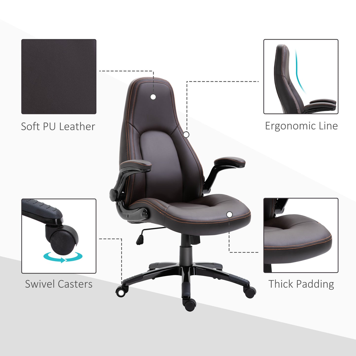 Image for Vinsetto PU Leather Office Chair, Swivel Computer Desk Chair with Adjustable Height, Flip Up Armrests and Tilt Function, Dark Brown