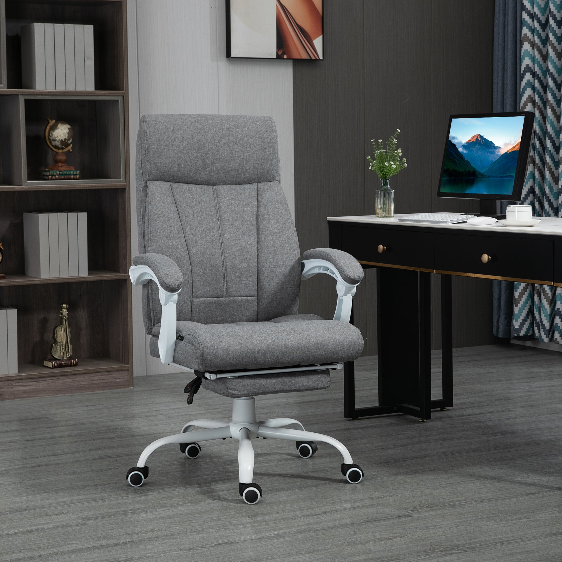 Image for Vinsetto Executive Office Chair, Fabric Reclining Desk Chair with Foot Rest, Arm, Swivel Wheels, Adjustable Height, Grey