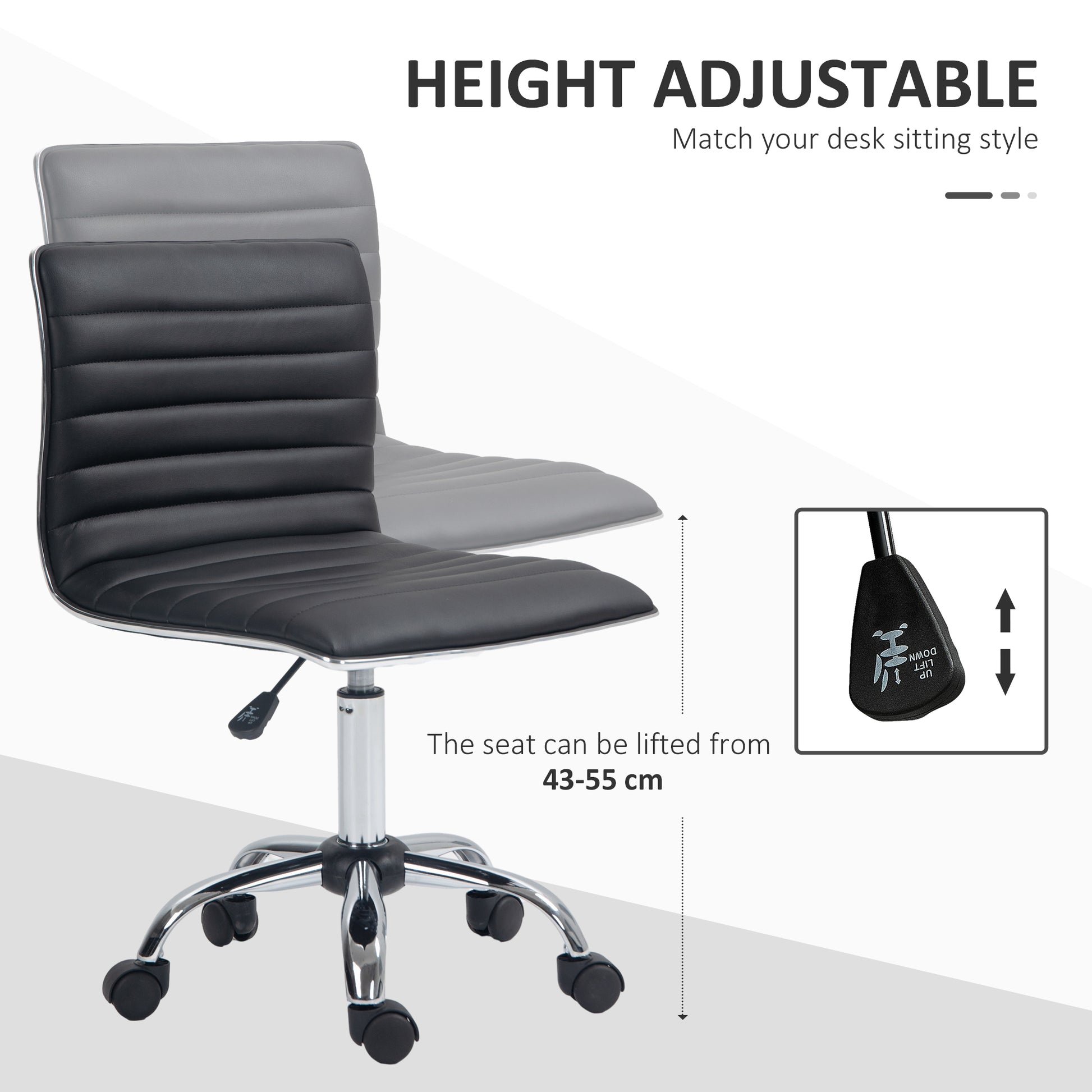 Image for Vinsetto Adjustable Swivel Office Chair with Armless Mid-Back in PU Leather and Chrome Base - Black