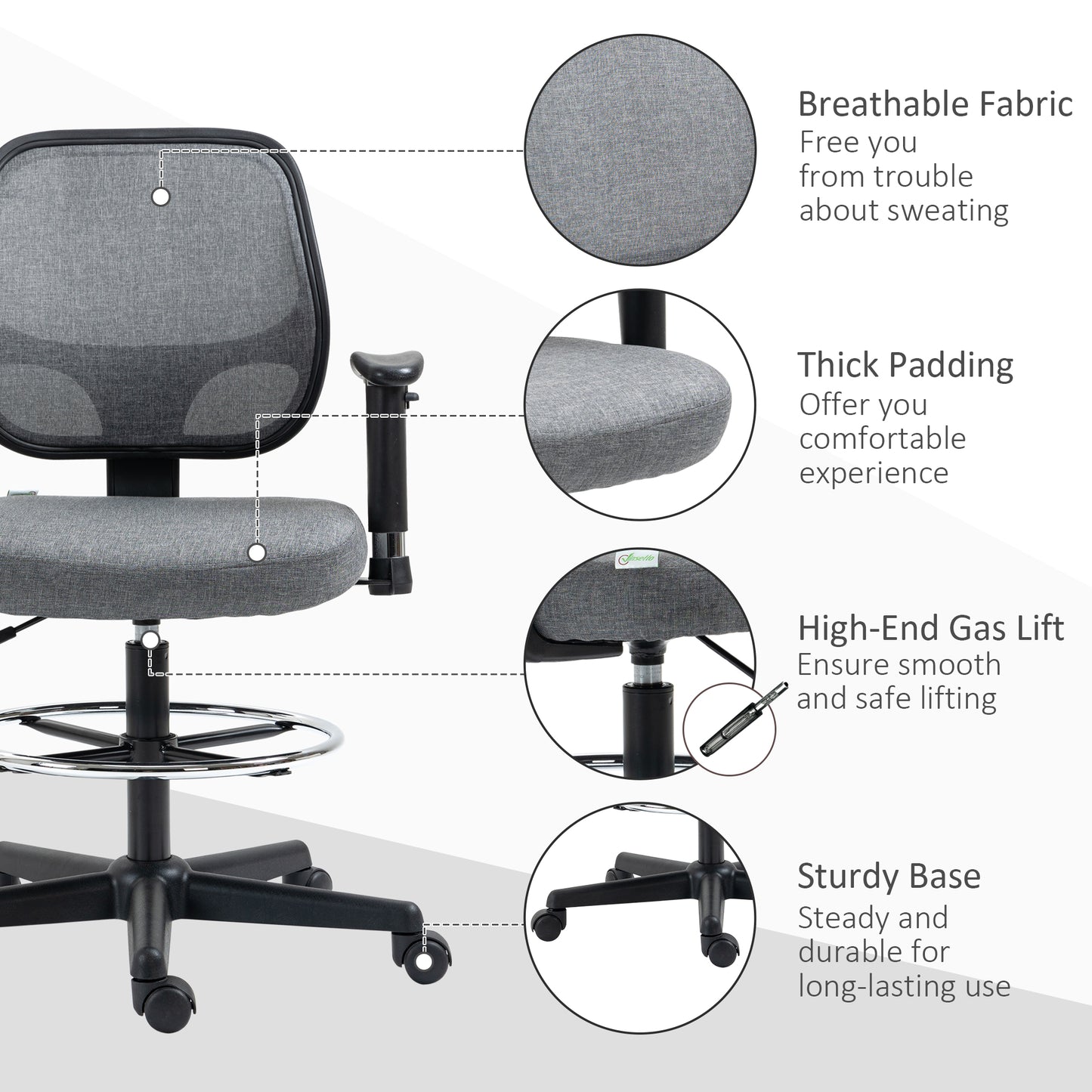 Image for Vinsetto Drafting Chair Tall Office Fabric Standing Desk Chair with Adjustable Footrest Ring, Arm, Swivel Wheels, Grey