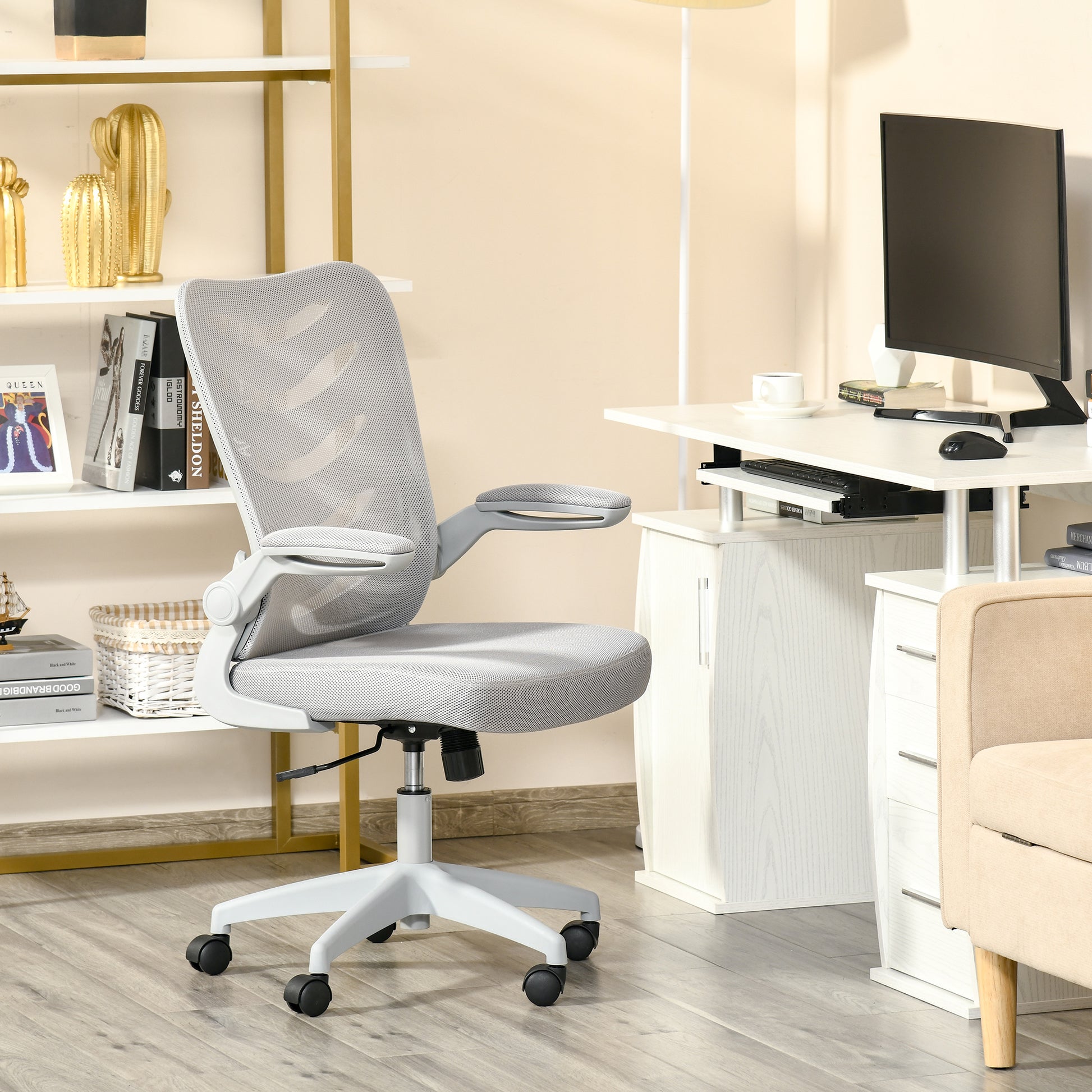 Image for Vinsetto Mesh Office Chair for Home Swivel Task Desk Chair with Lumbar Back Support, Flip-Up Arm, Adjustable Height, Grey