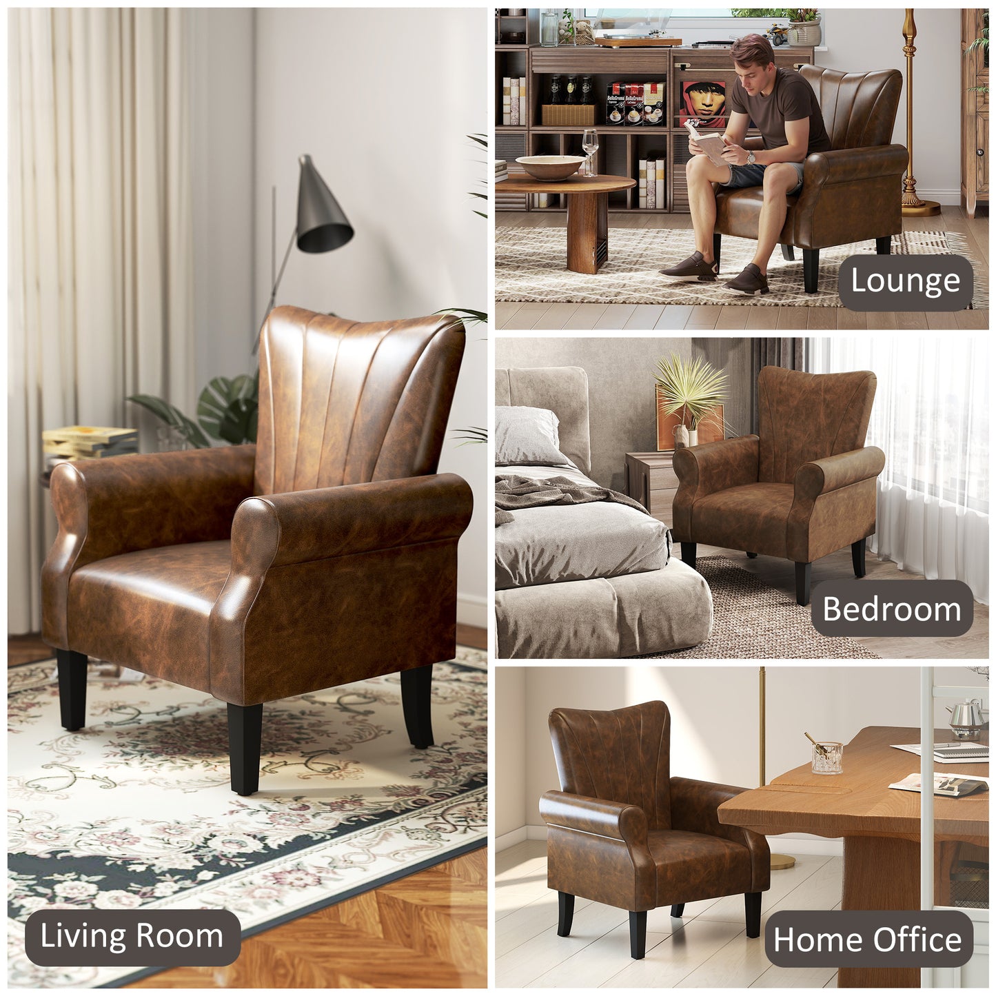 HOMCOM Upholstered Accent Chair with Rolled Arms and Wood Legs, Armchair for Living Room Bedroom, Brown
