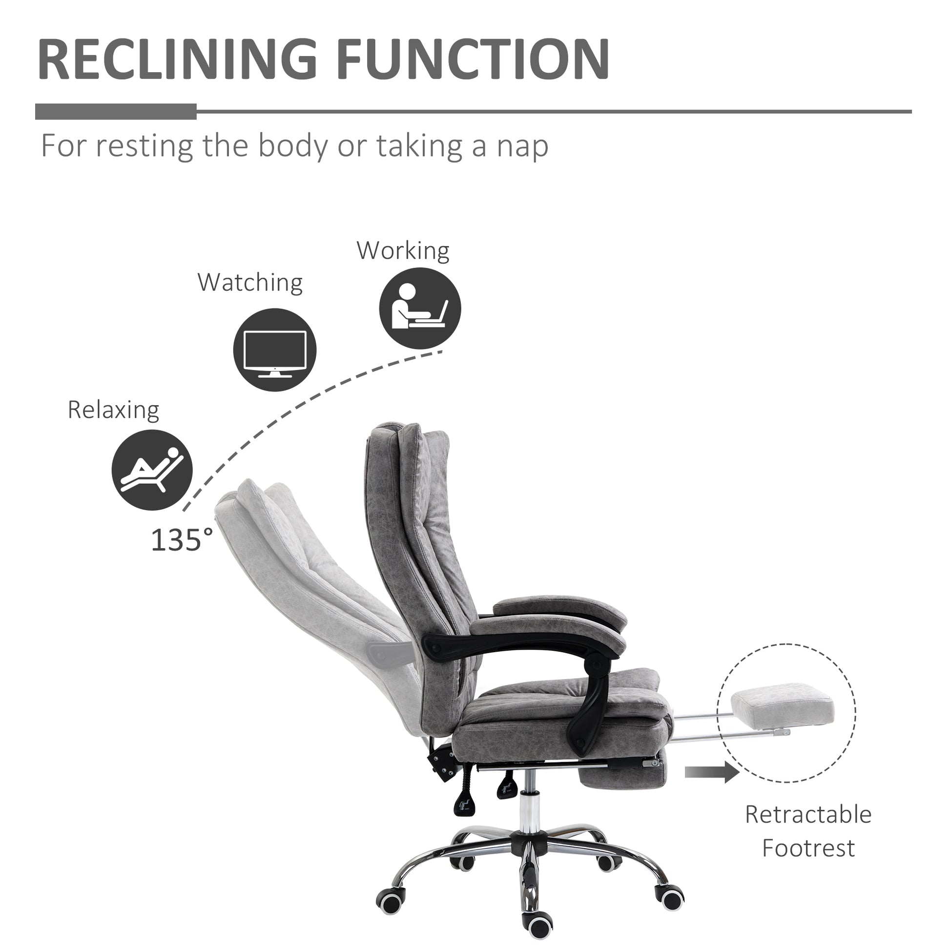 Image for Vinsetto Home Office Chair Microfibre Desk Chair with Reclining Function Armrests Swivel Wheels Footrest Grey