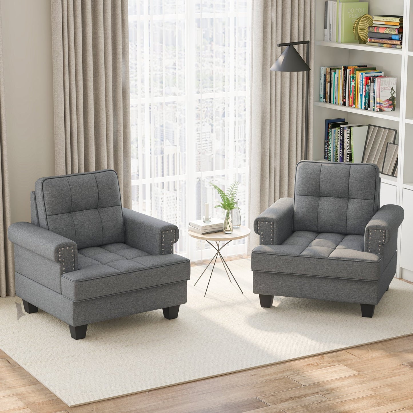 Mid-century Modern Accent Armchair Tufted Linen Club Chair with Pillow Main Grey Elegant living room study room as a pair and coffee table