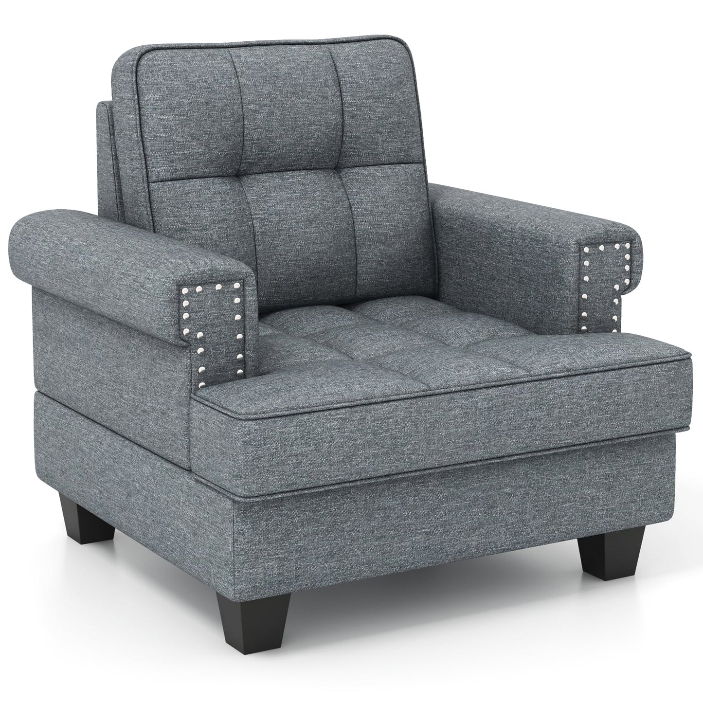 Mid-century Modern Accent Armchair Tufted Linen Club Chair with Pillow Main Grey Elegant living room