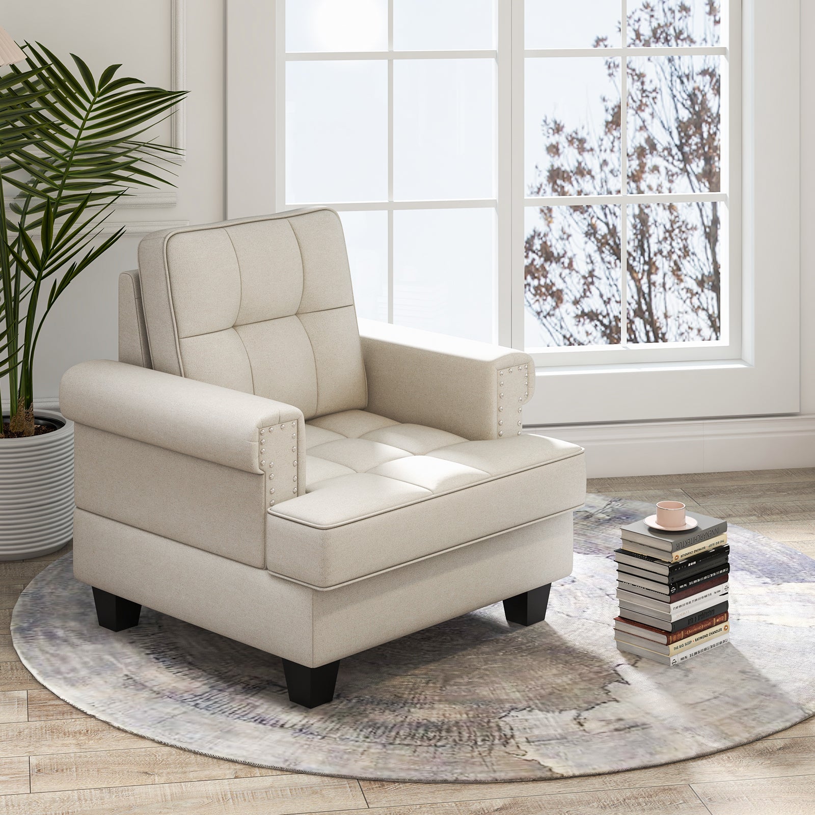 Mid-century Modern Accent Armchair Tufted Linen Club Chair with Pillow Main Beige Elegant living room lifestyle with books and plant