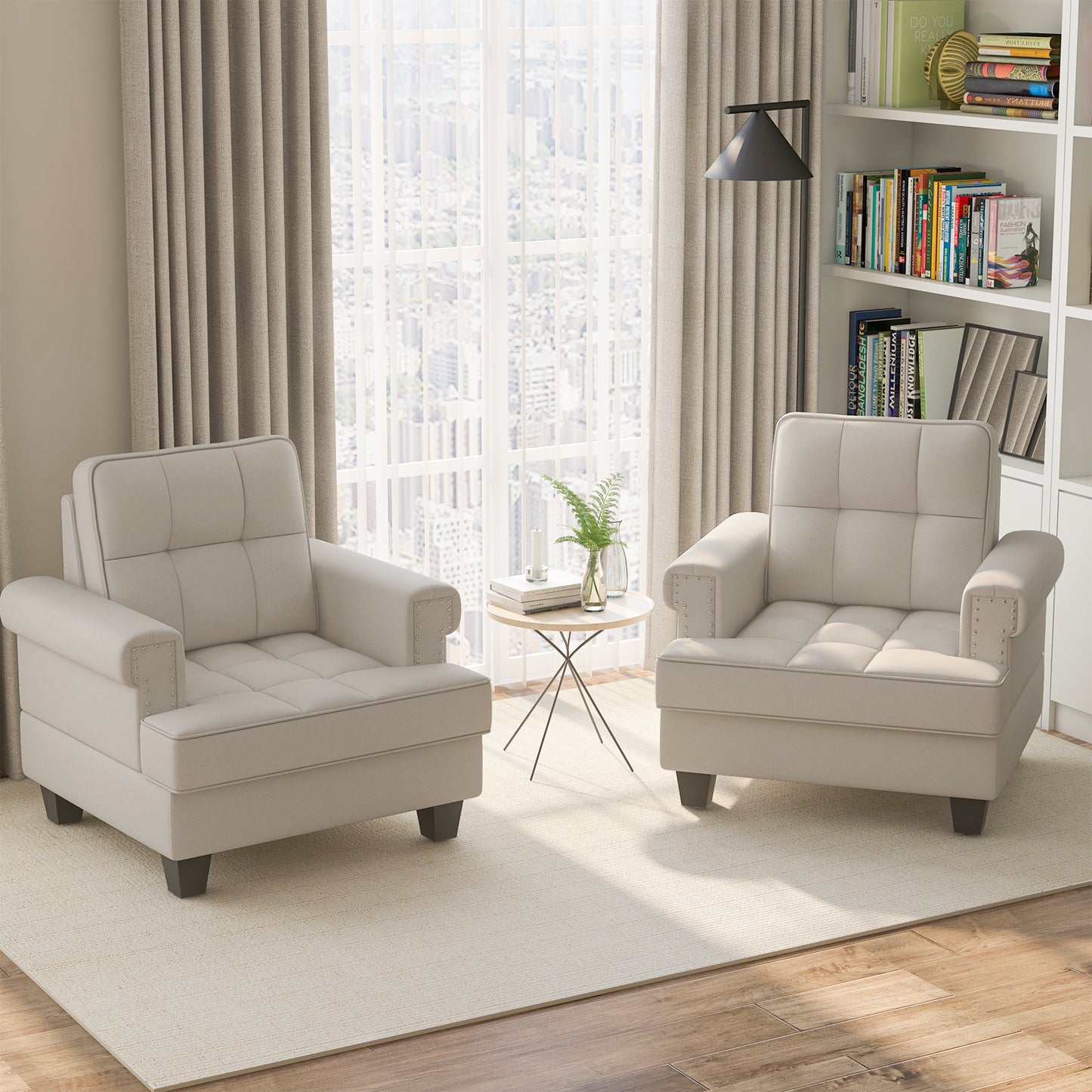 Mid-century Modern Accent Armchair Tufted Linen Club Chair with Pillow Main Beige Elegant living room study room with pair and coffee table