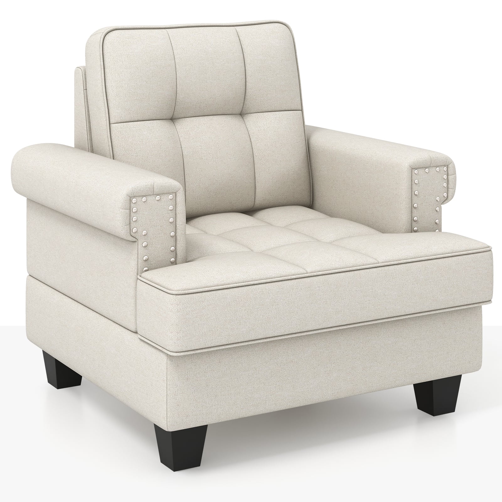 Mid-century Modern Accent Armchair Tufted Linen Club Chair with Pillow Main Beige Elegant living room Main