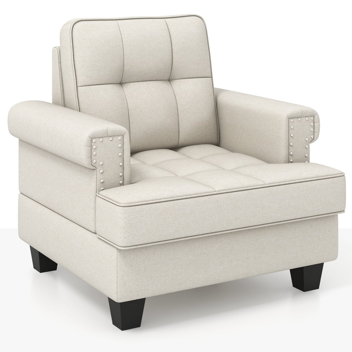 Mid-century Modern Accent Armchair Tufted Linen Club Chair with Pillow Main Beige Elegant living room