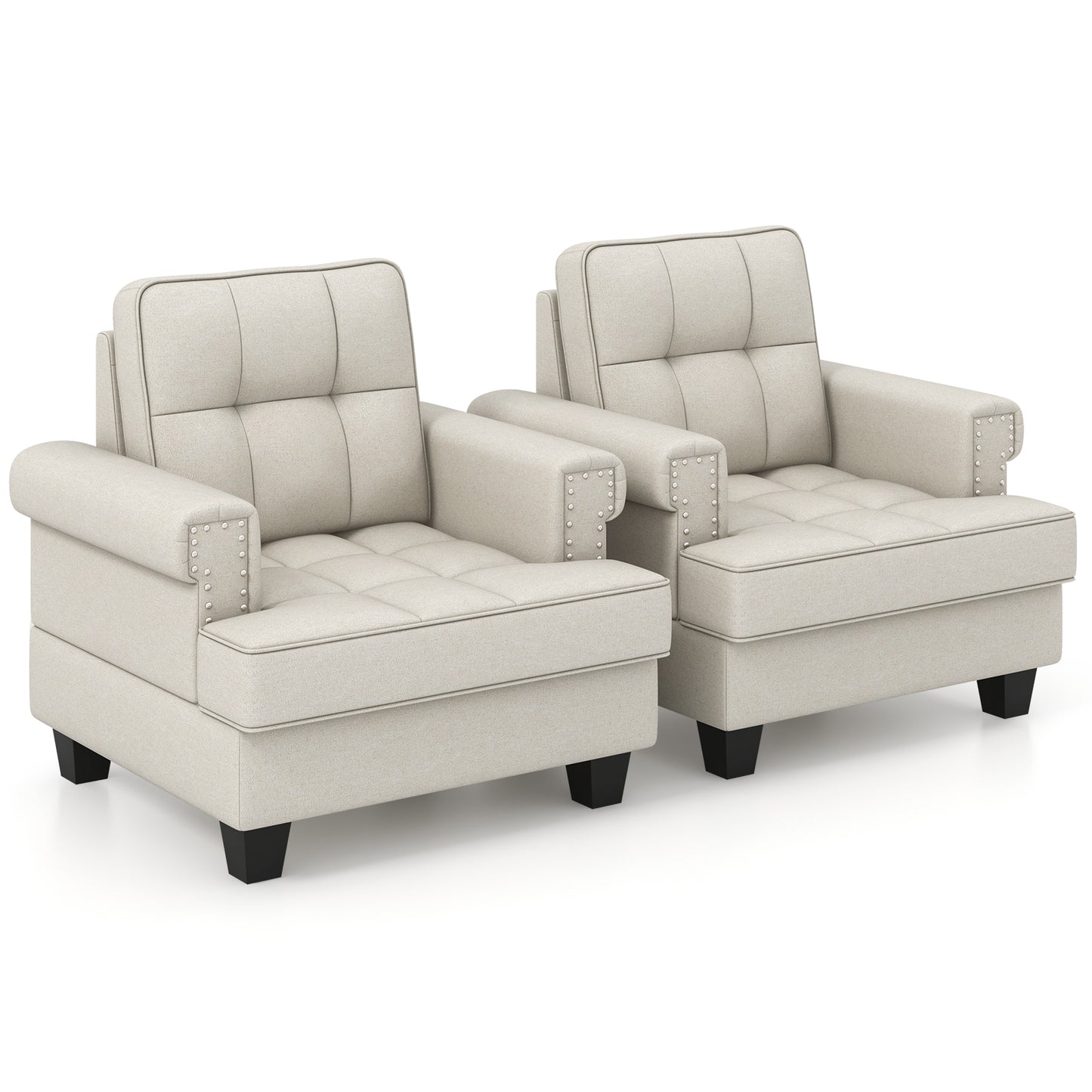Mid-century Modern Accent Armchair Tufted Linen Club Chair with Pillow Main Beige Elegant living room Pair
