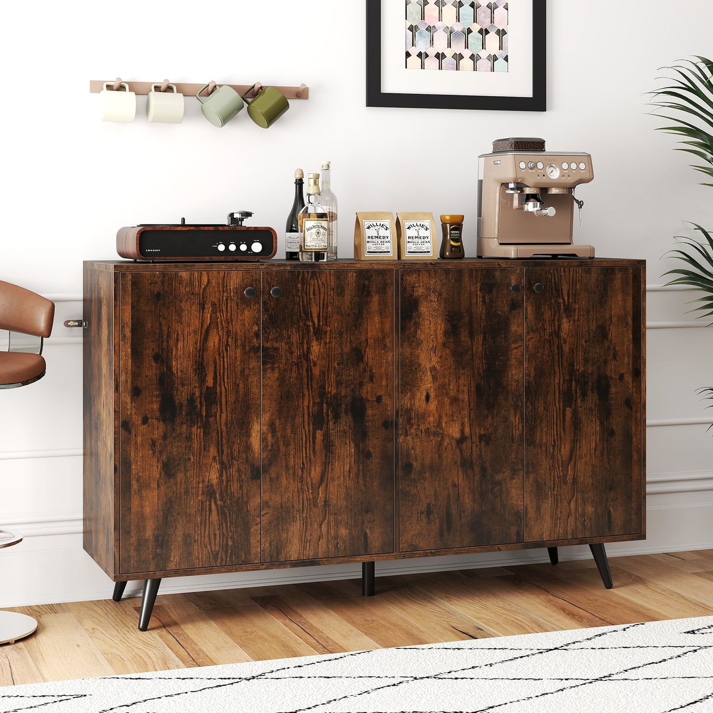 Mid Century Modern 4-Door Storage Cabinet with 5-Position Adjustable Shelves-Rustic Brown