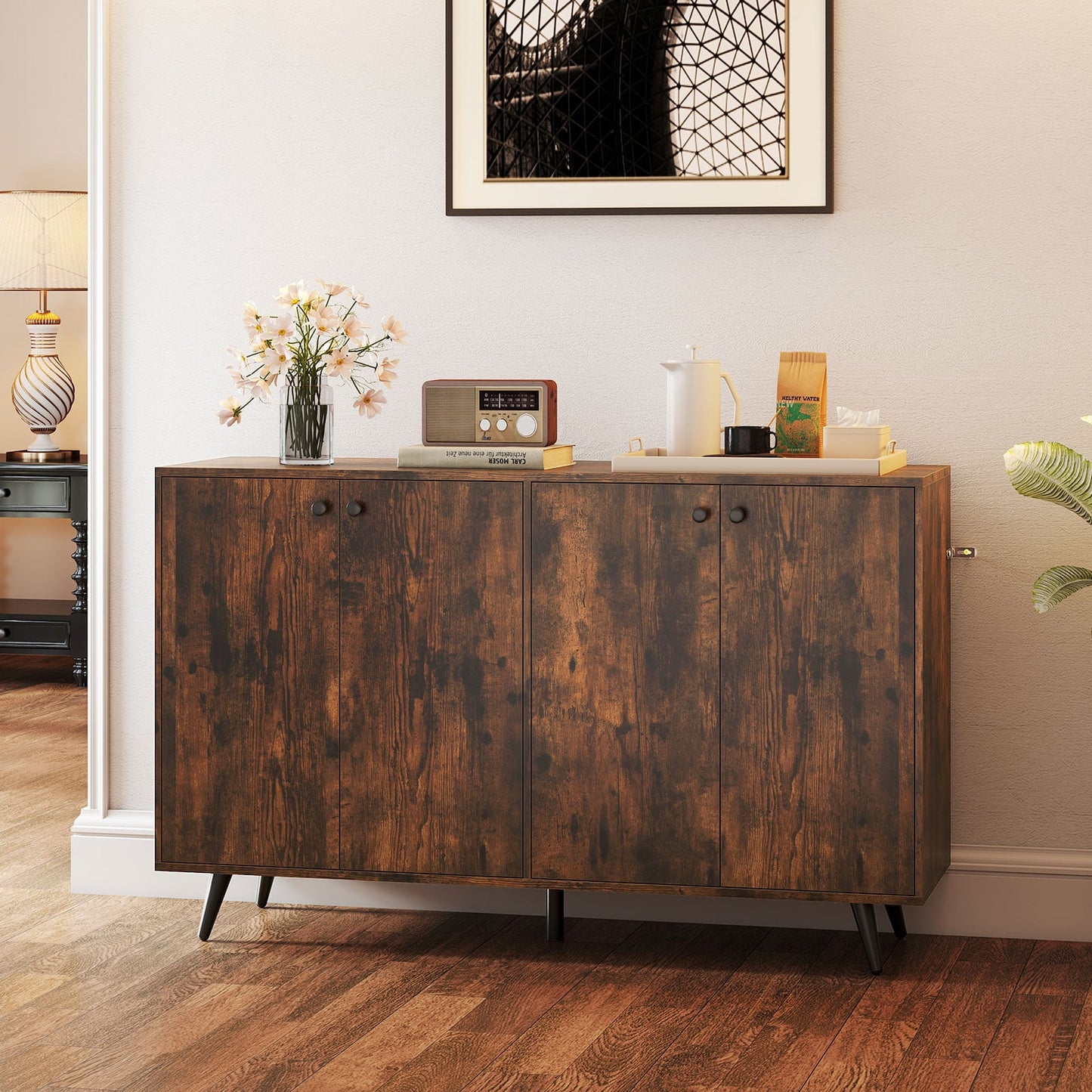 Mid Century Modern 4-Door Storage Cabinet with 5-Position Adjustable Shelves-Rustic Brown