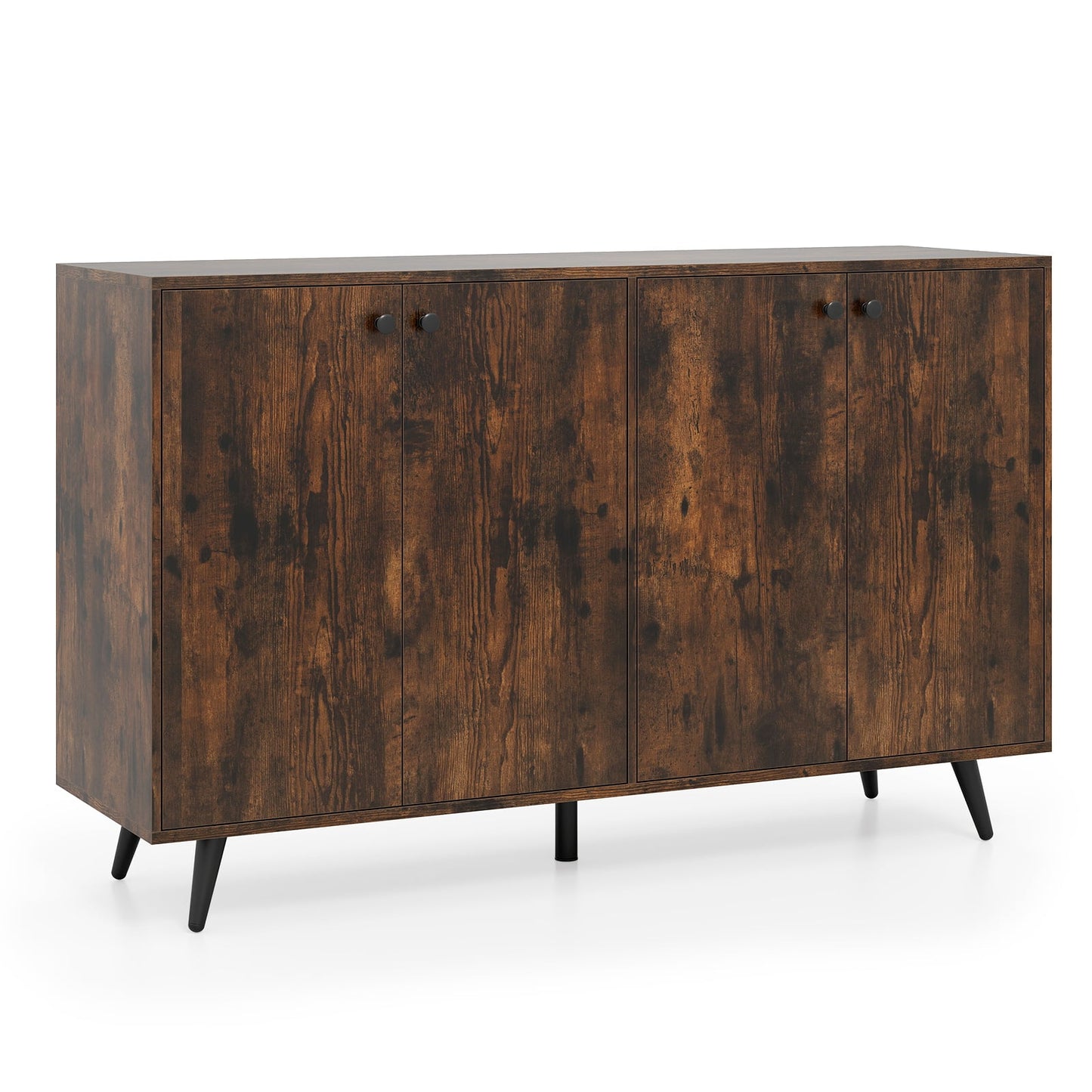 Mid Century Modern 4-Door Storage Cabinet with 5-Position Adjustable Shelves-Rustic Brown