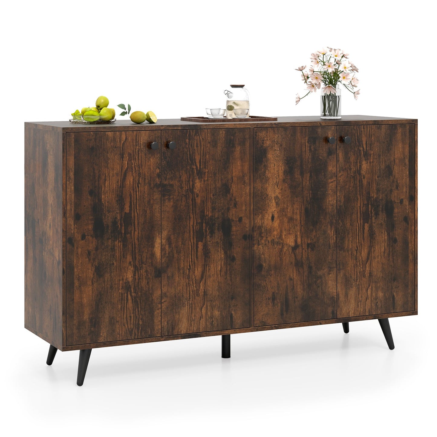 Mid Century Modern 4-Door Storage Cabinet with 5-Position Adjustable Shelves-Rustic Brown
