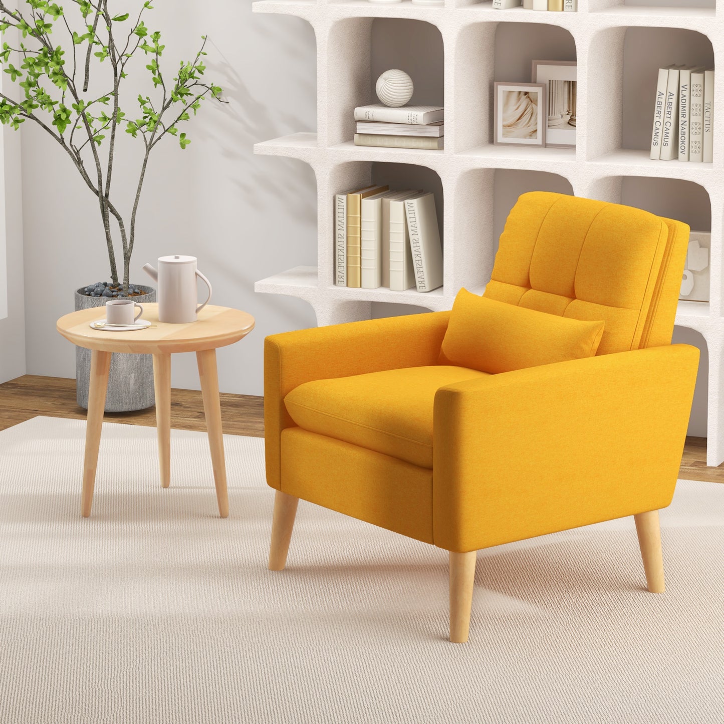 Mid-century Modern Accent Chair with Lumbar Pillow-Yellow Study Room