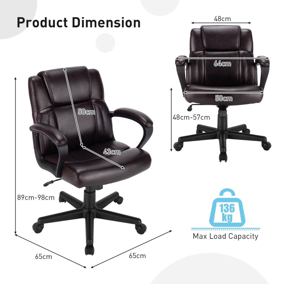 Modern Mid-Back PU Leather Office Chair with Adjustable Height Dimensions