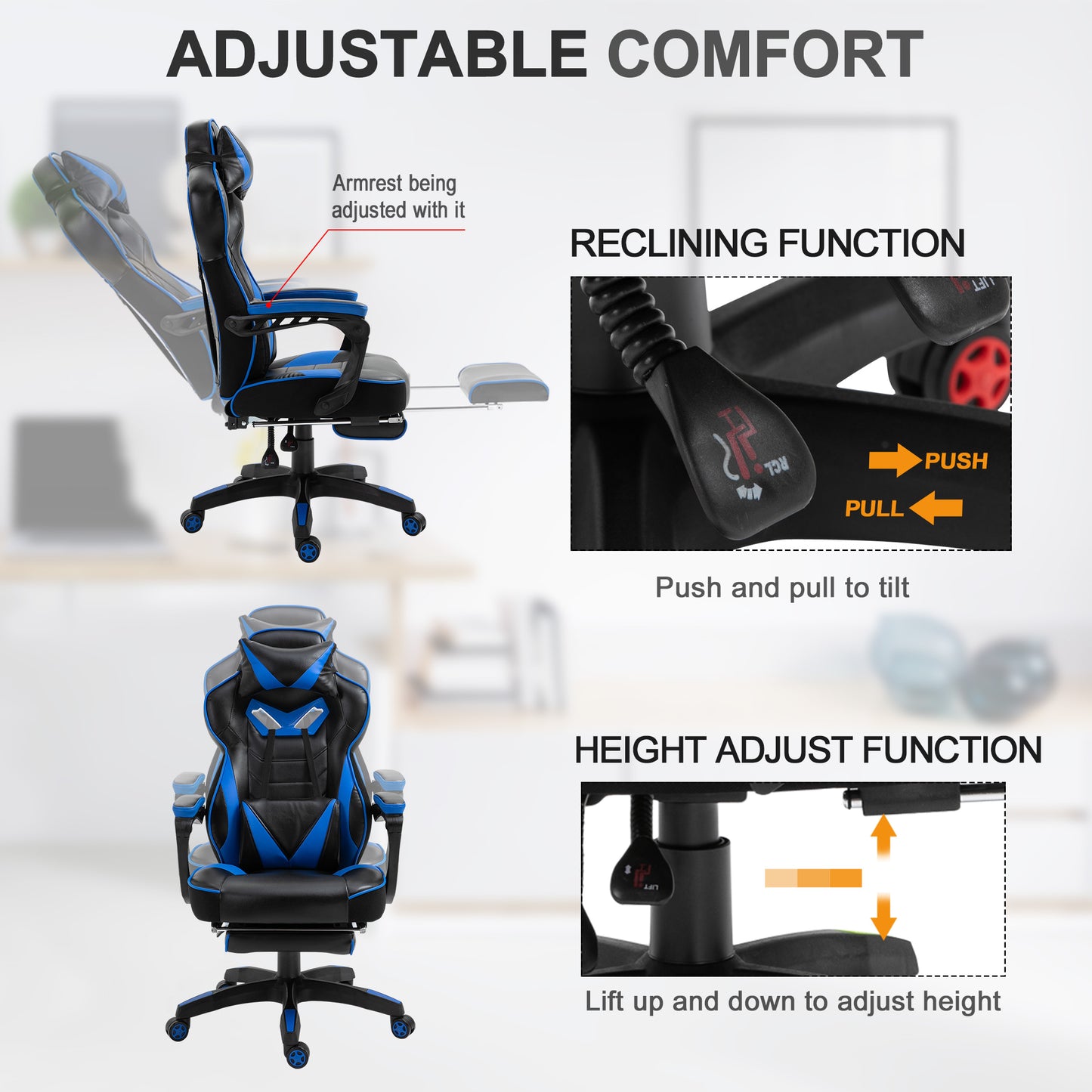 Image for Vinsetto Ergonomic Racing Gaming Chair Office Desk Chair Adjustable Height Recliner with Wheels, Headrest, Lumbar Support, Retractable Footrest Blue