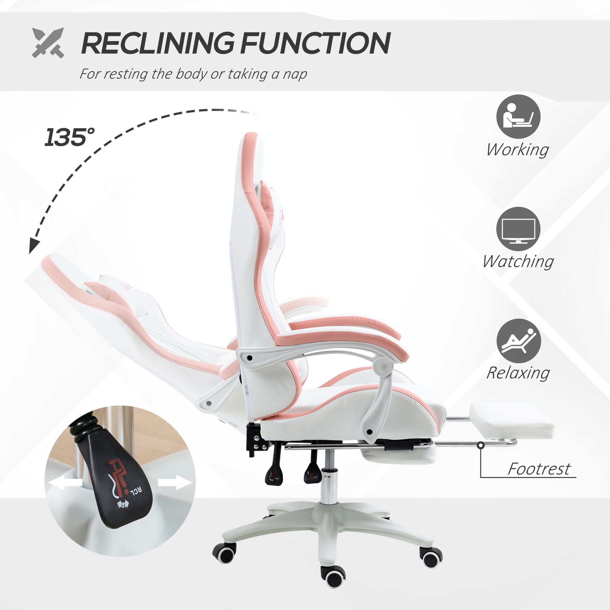 Image for Vinsetto Racing Gaming Chair, Reclining PU Leather Computer Chair with 360 Degree Swivel Seat, Footrest, Removable Headrest White and Pink