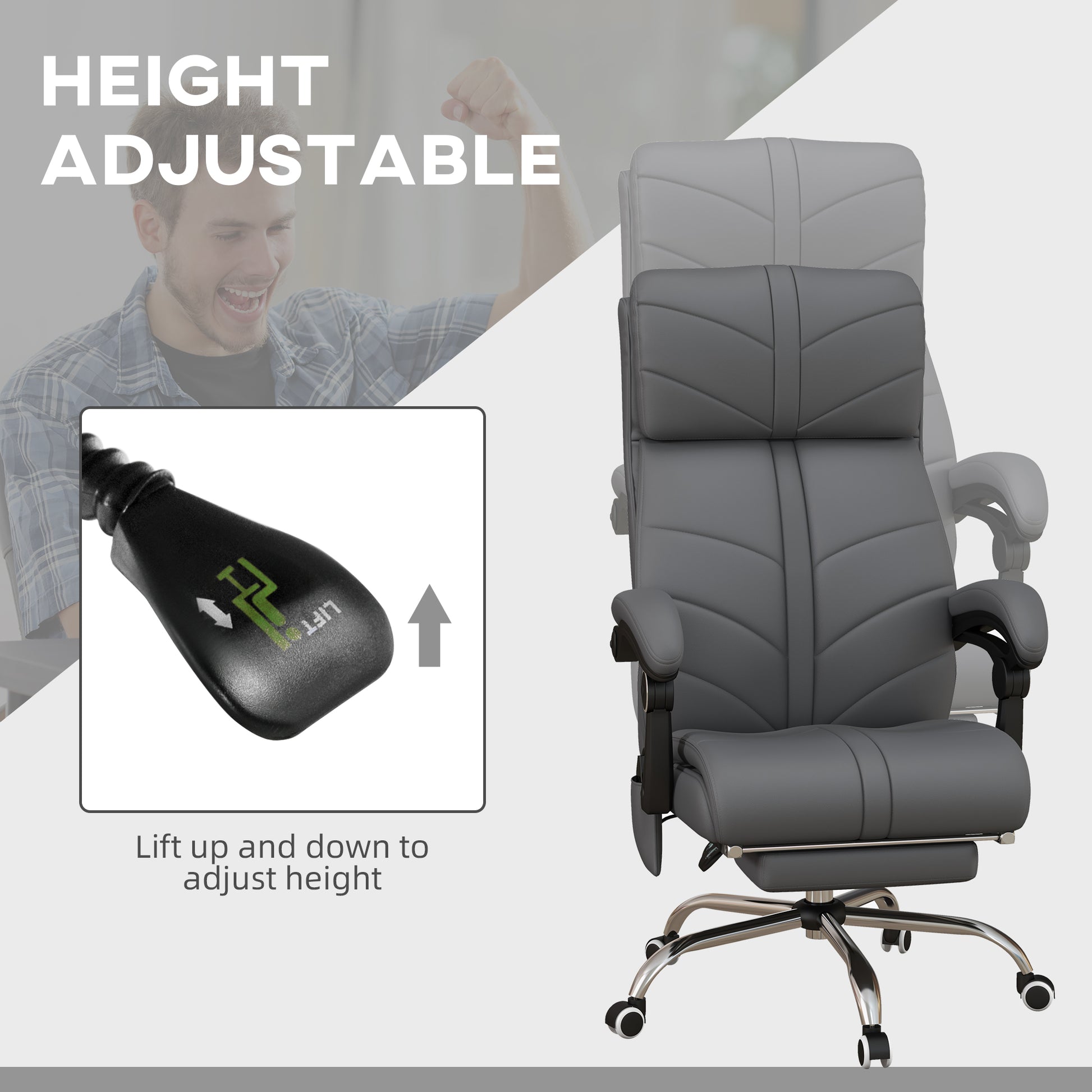 Image for Vinsetto Vibration Massage Office Chair with Heat, PU Leather Computer Chair with Footrest, Armrest, Reclining Back, Grey