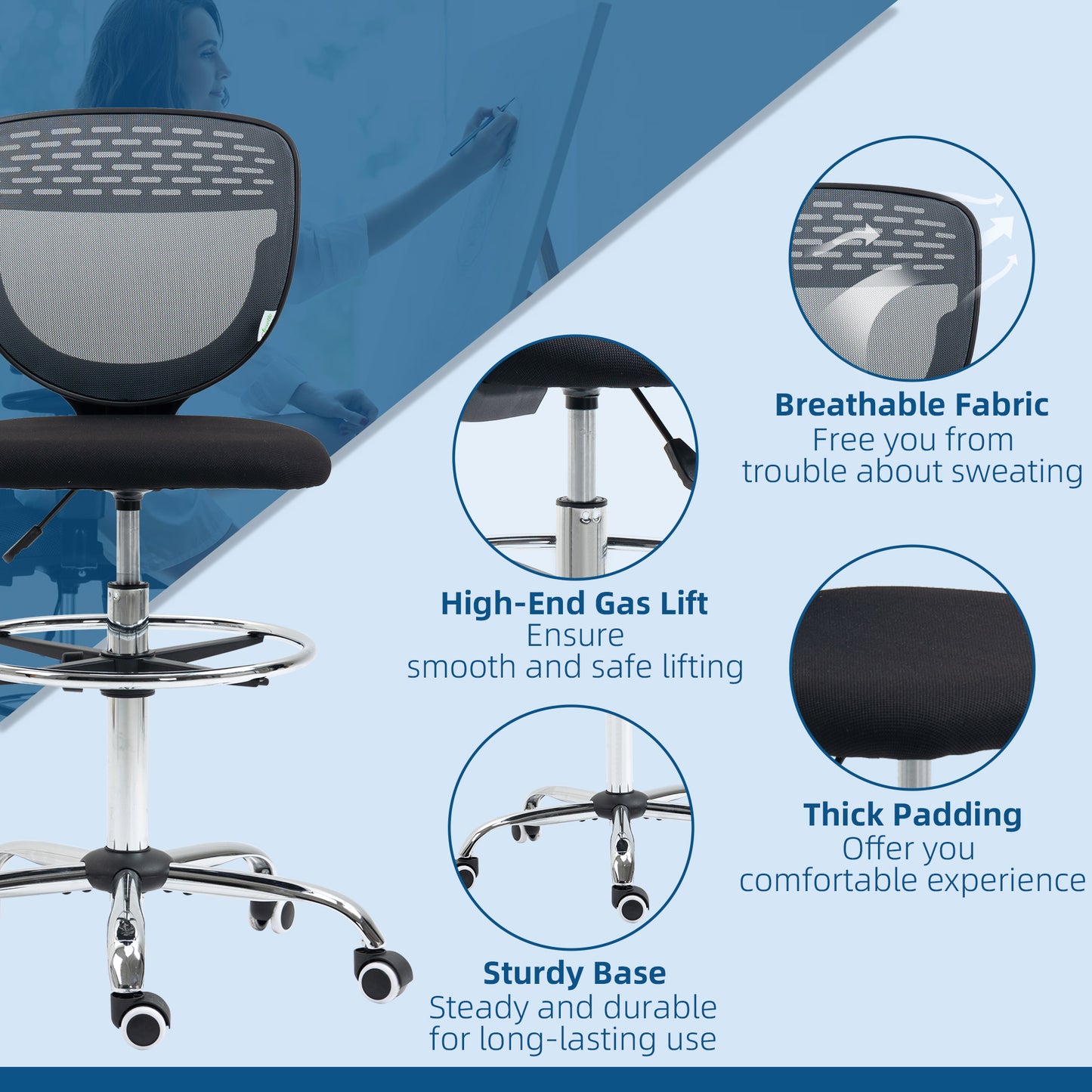 Image for Vinsetto Drafting Chair, Swivel Office Draughtsman Chair, Mesh Standing Desk Chair with Lumbar Support, Adjustable Foot Ring, Armless, Grey