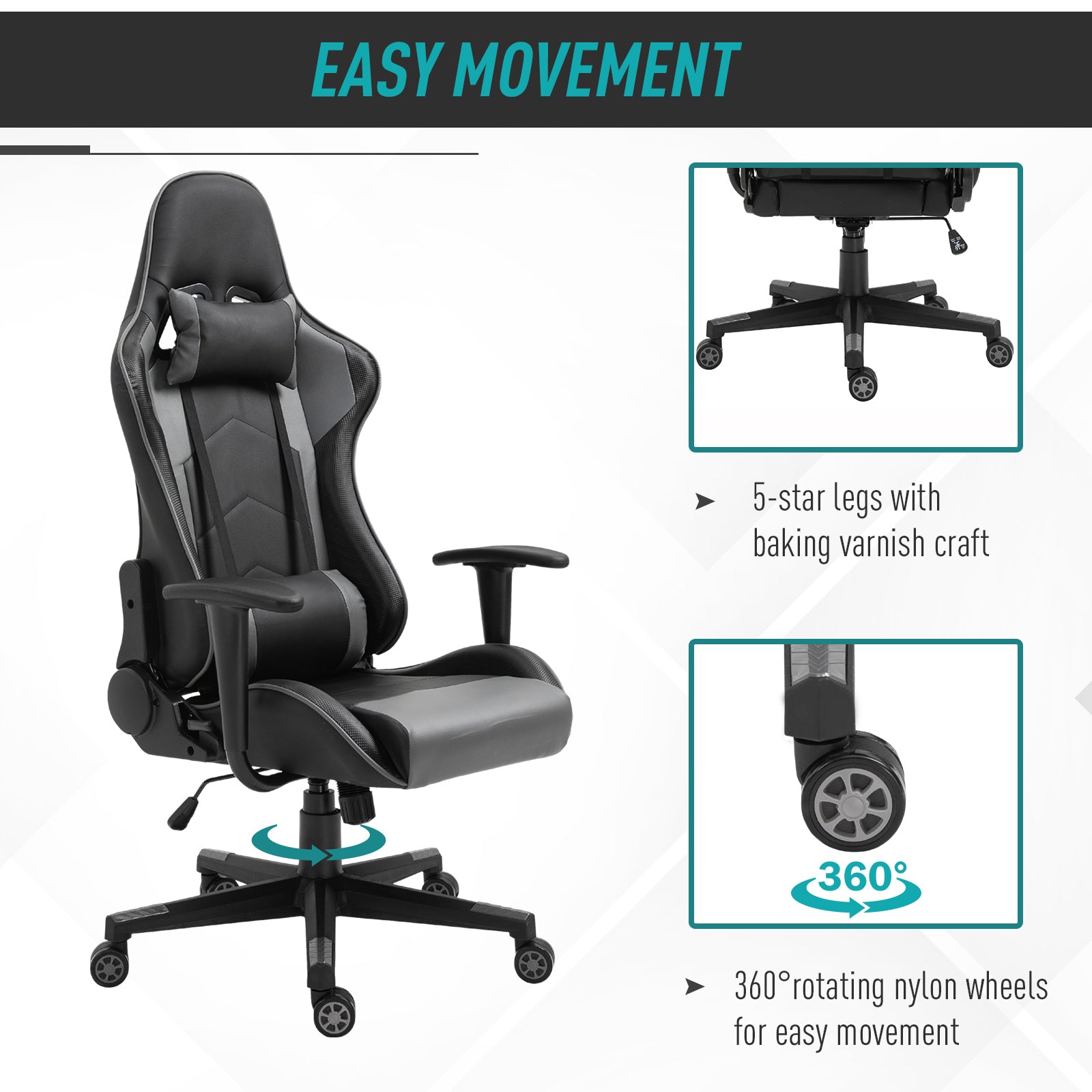 Image for Vinsetto High Back Racing Gaming Chair Reclining 360° Swivel Rocking Height Adjustable with Pillow and Build-in Lumbar Home Black PU Leather