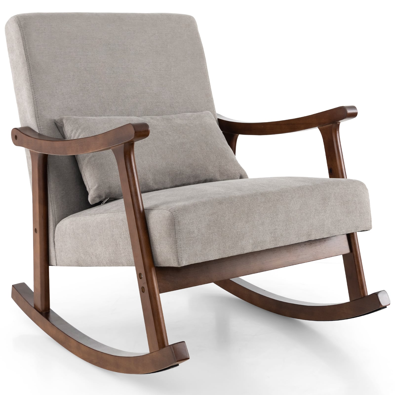 Nursery_Rocking_Accent_Chair_Rocker_Armchair_with_Rubber_Wood_ArmrestsBrown with Thick padded seat and lumbar pillow provide maximum comfort and Solid wood construction ensures durability and stability
