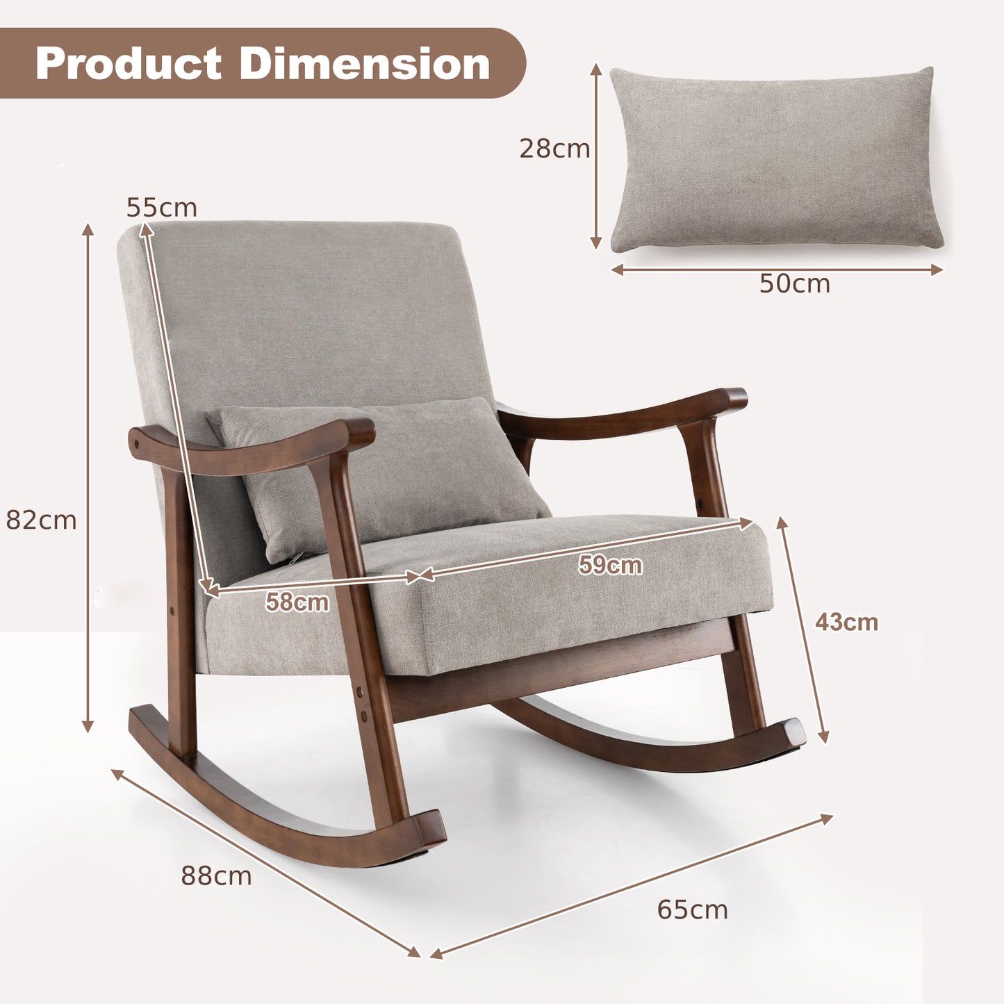 Nursery_Rocking_Accent_Chair_Rocker_Armchair_with_Rubber_Wood_Armrests Dimensions chair and Pillow