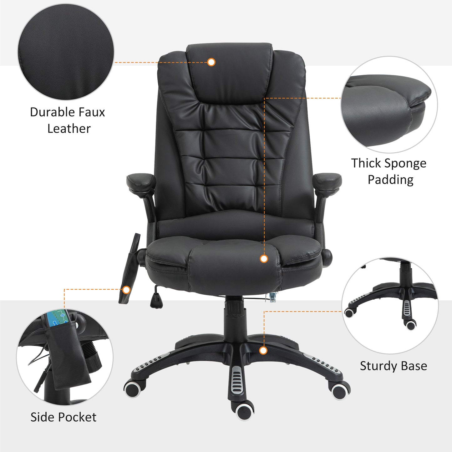 Image for HOMCOM Massage Chair with Heat, High Back PU Leather Executive Office Chair W/ Tilt and Reclining Function, Black