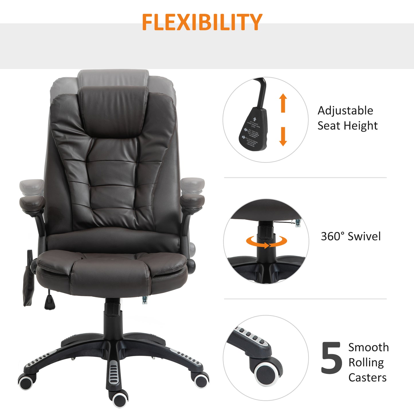 Image for HOMCOM Executive Office Chair with Massage and Heat, High Back PU Leather Massage Office Chair With Tilt and Reclining Function, Brown