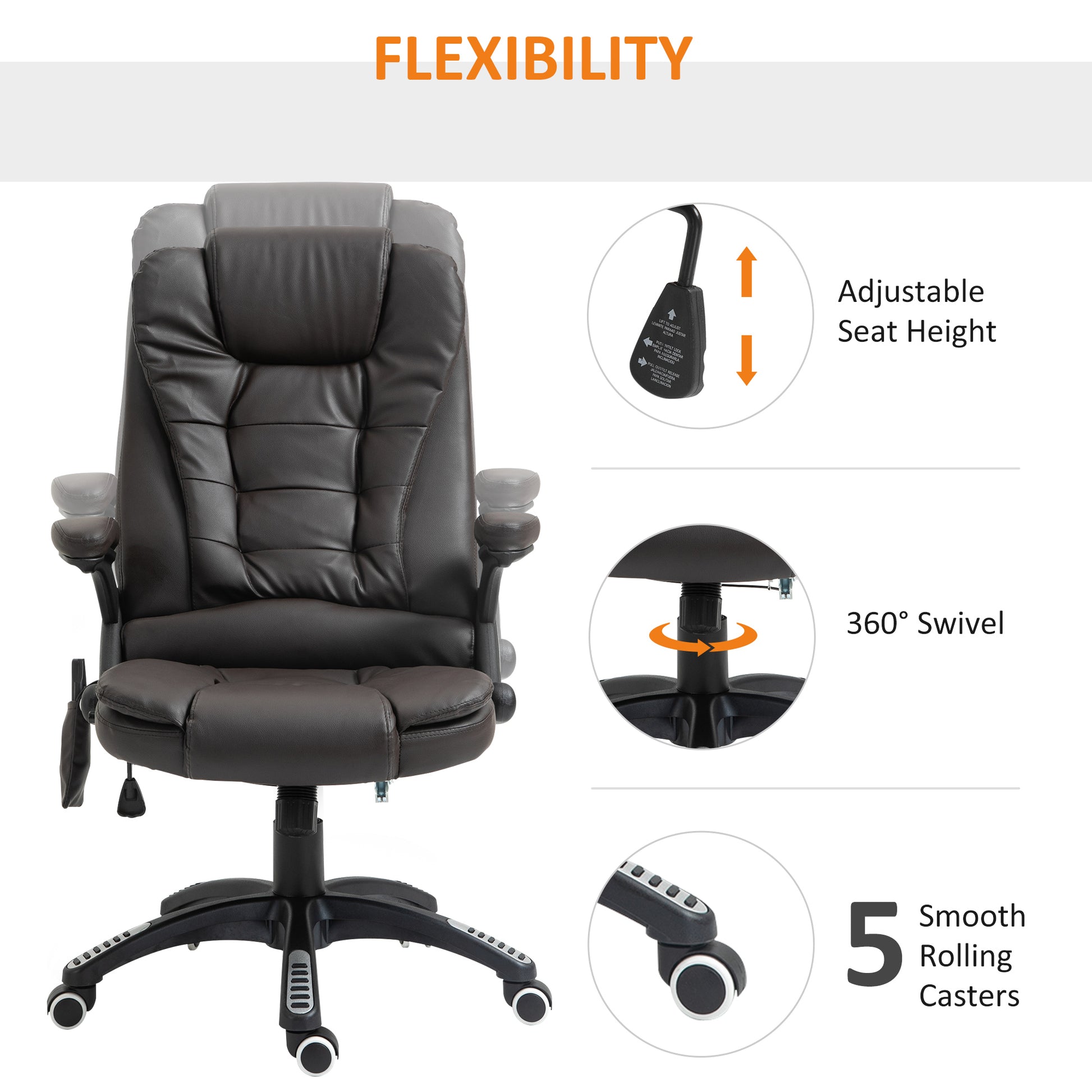 Image for HOMCOM Executive Office Chair with Massage and Heat, High Back PU Leather Massage Office Chair With Tilt and Reclining Function, Brown