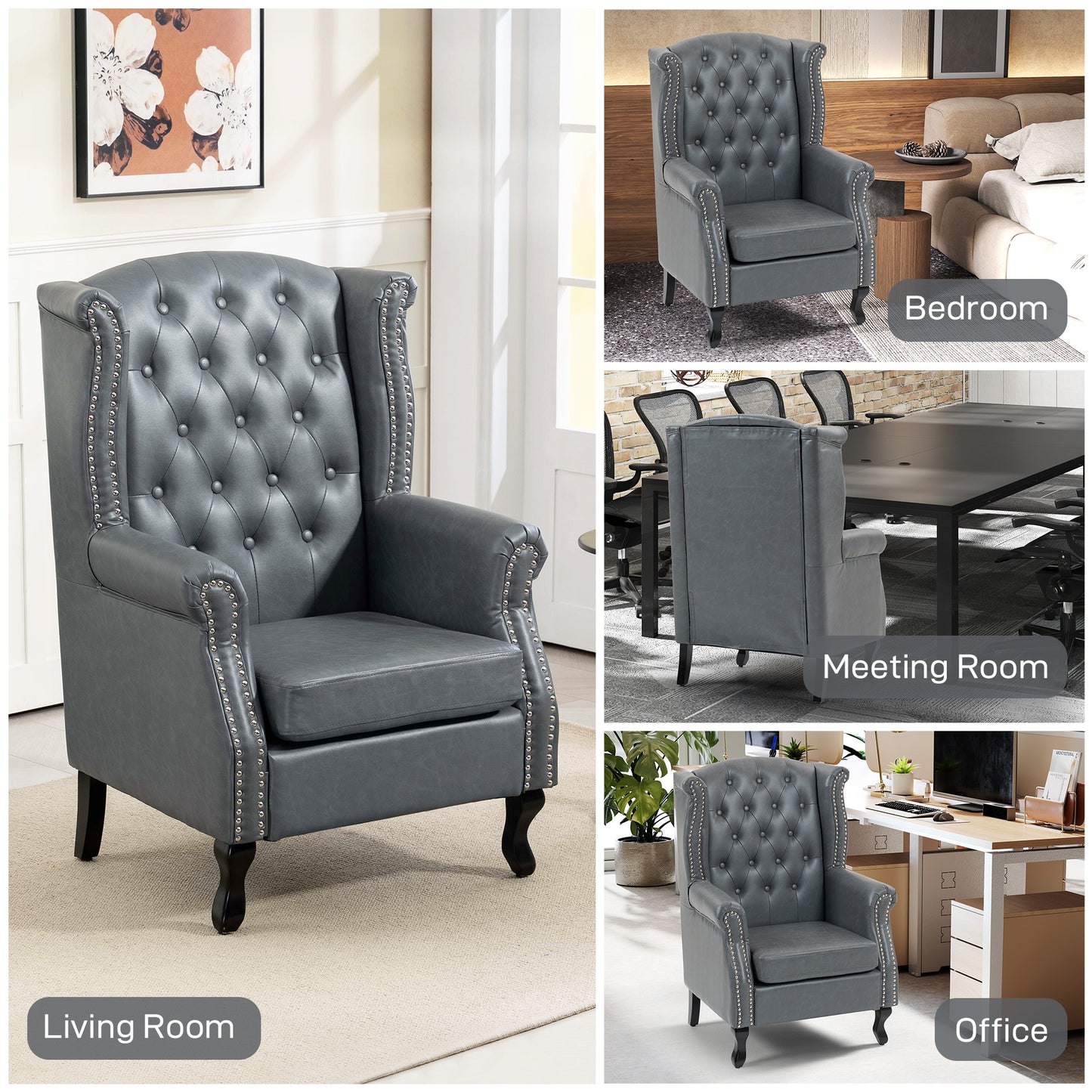 HOMCOM Wingback Accent Chair Tufted Chesterfield-style Armchair with Nail Head Trim for Living Room Bedroom - ChairwayUK