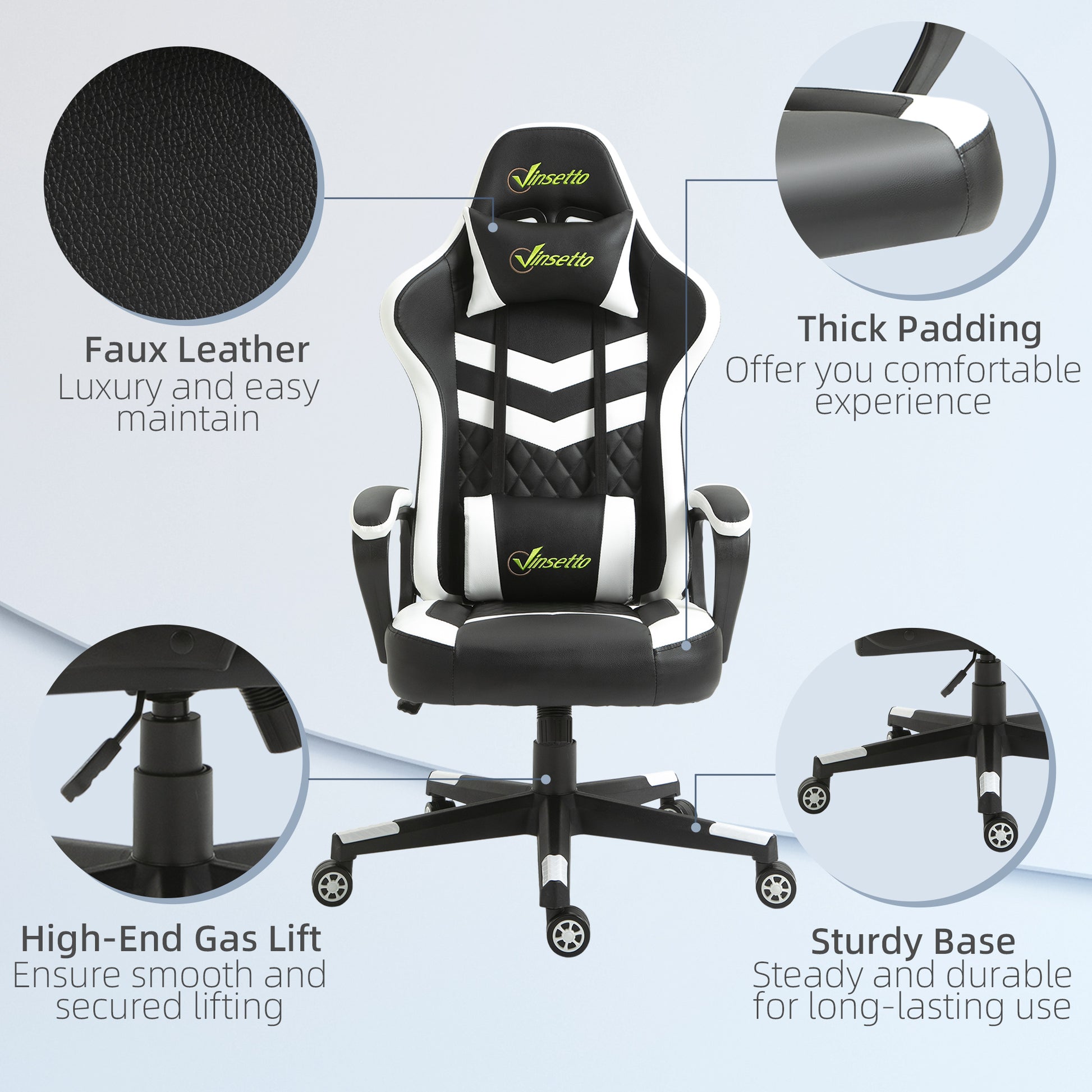 Image for Vinsetto Racing Gaming Chair with Lumbar Support, Headrest, Swivel Wheel, PVC Leather Gamer Desk Chair for Home Office, Black White