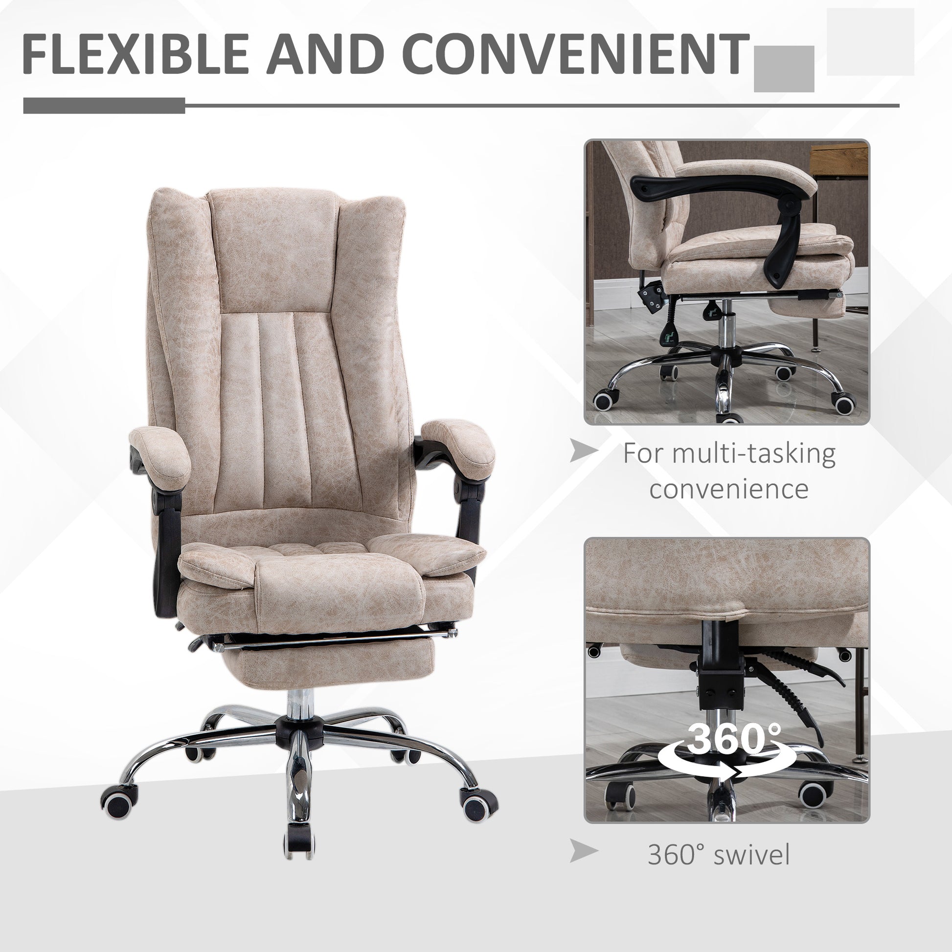 Image for Vinsetto Home Office Chair Microfibre Desk Chair with Reclining Function Armrests Swivel Wheels Footrest Beige