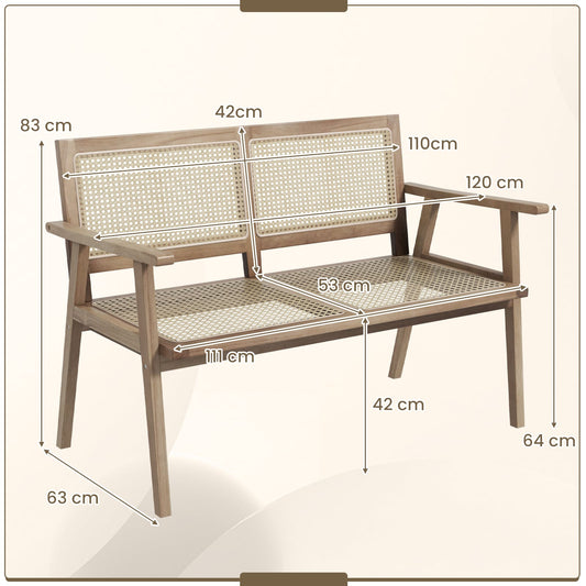 Outdoor Teak Wood Garden Bench with Armrests Rattan Backrest and Seat