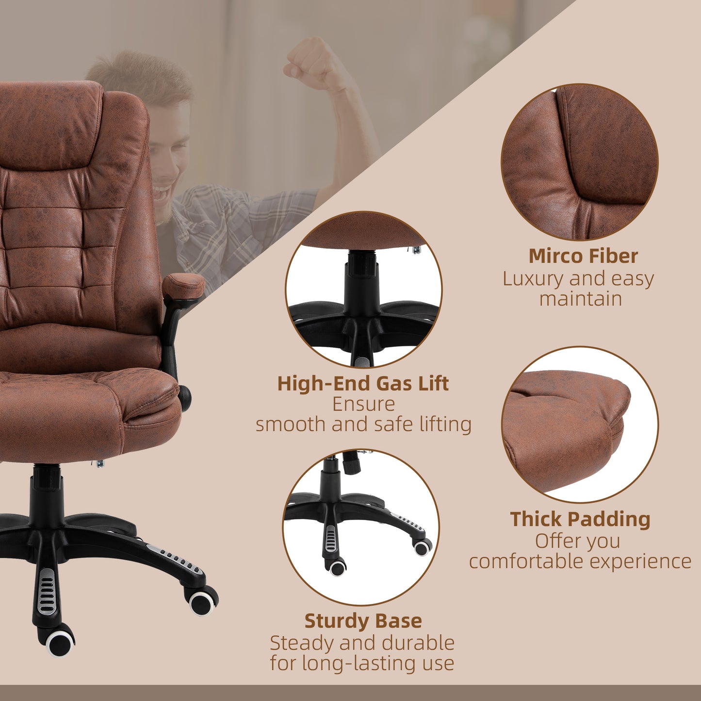 Image for Vinsetto Massage Recliner Chair Heated Office Chair with Six Massage Points Microfiber Cloth 360° Swivel Wheels Brown