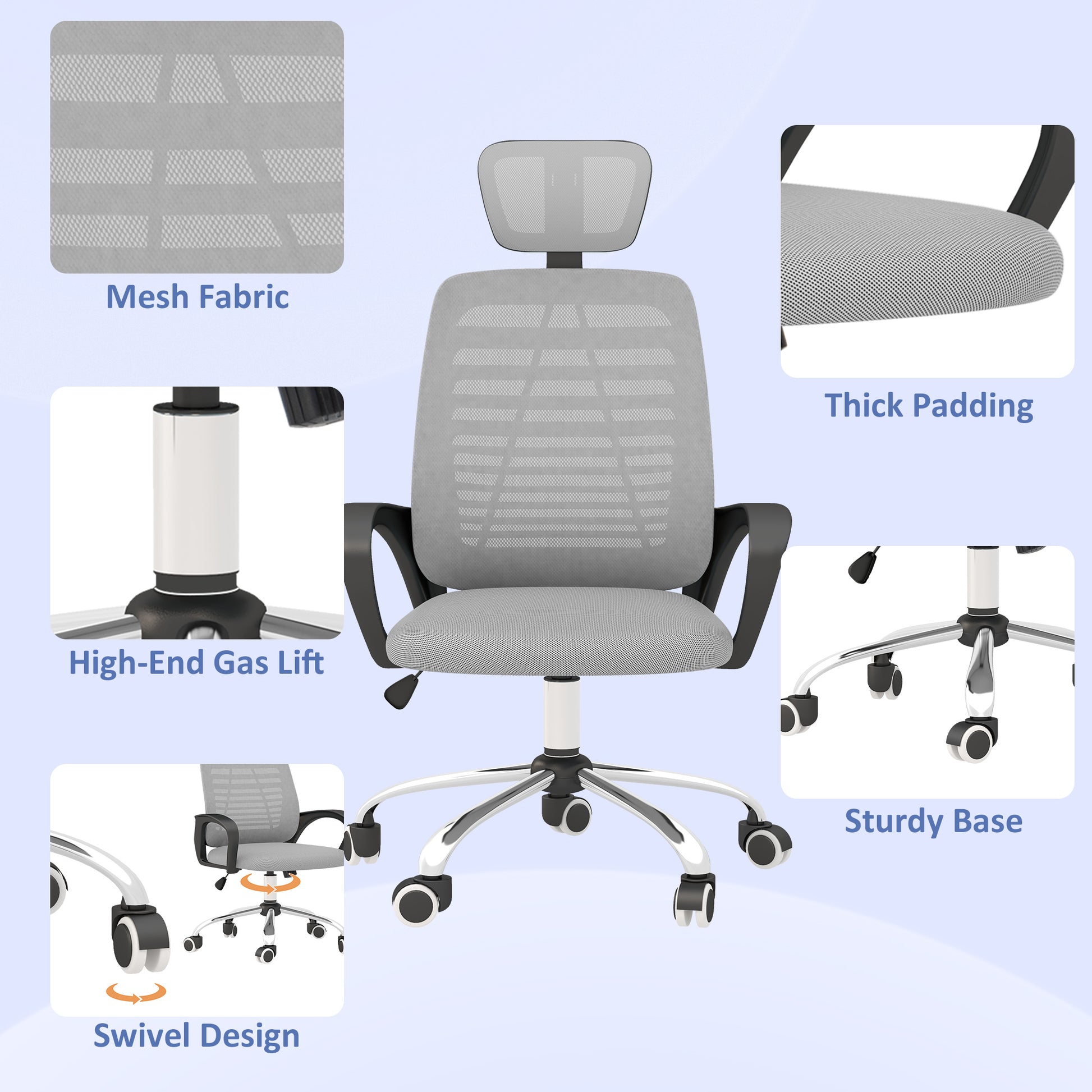 Image for Vinsetto Ergonomic Office Chair, Mesh Desk Chair with Rotatable Headrest, Lumbar Back Support, Armrest, Grey