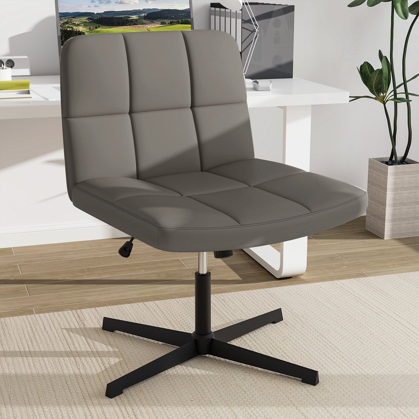 PU Leather Upholstered Armless Cross Legged Office Desk Chair No Wheels
