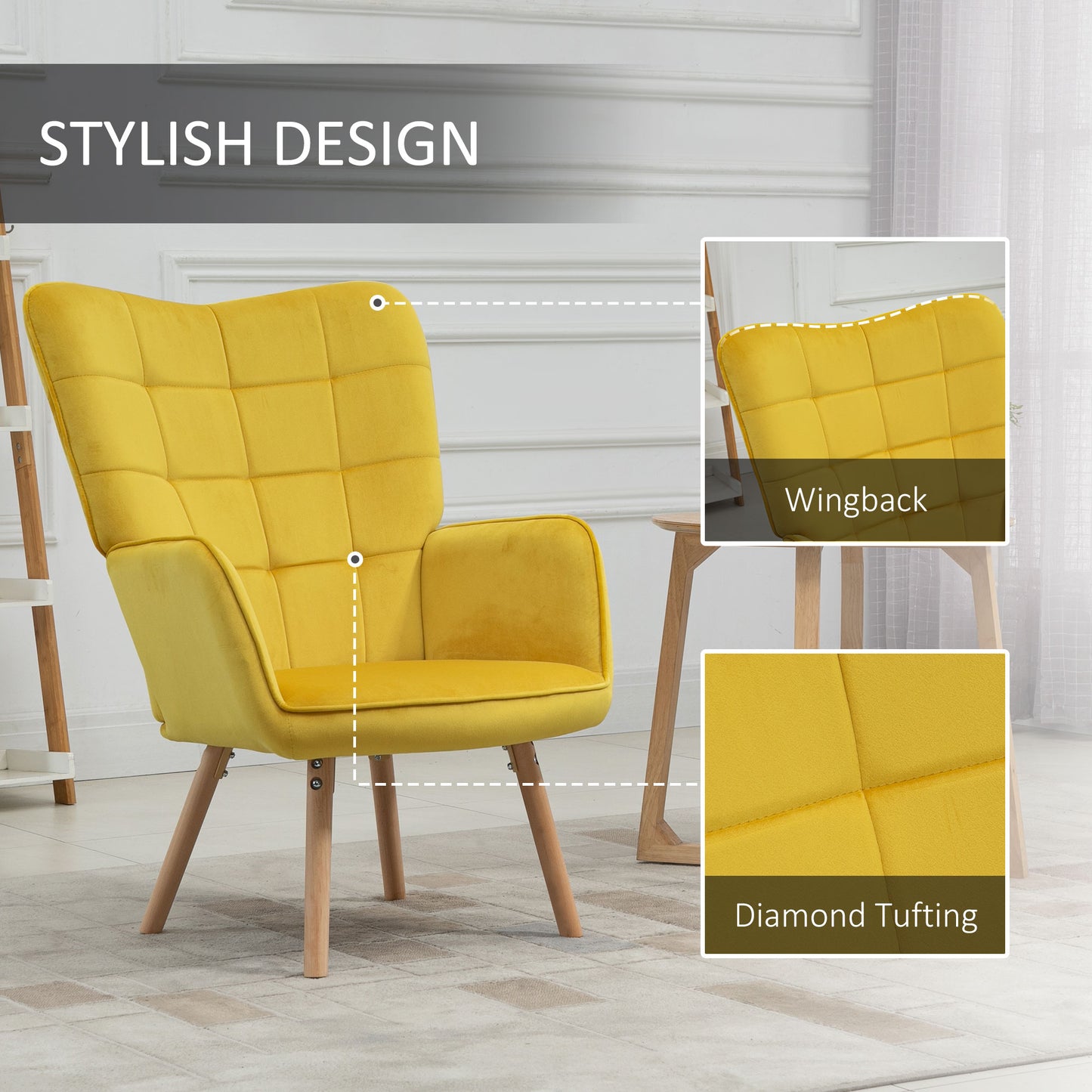 Modern Accent Chair Velvet-Touch Tufted Wingback Armchair Upholstered Leisure Lounge Sofa Club Chair with Wood Legs, Set of 2