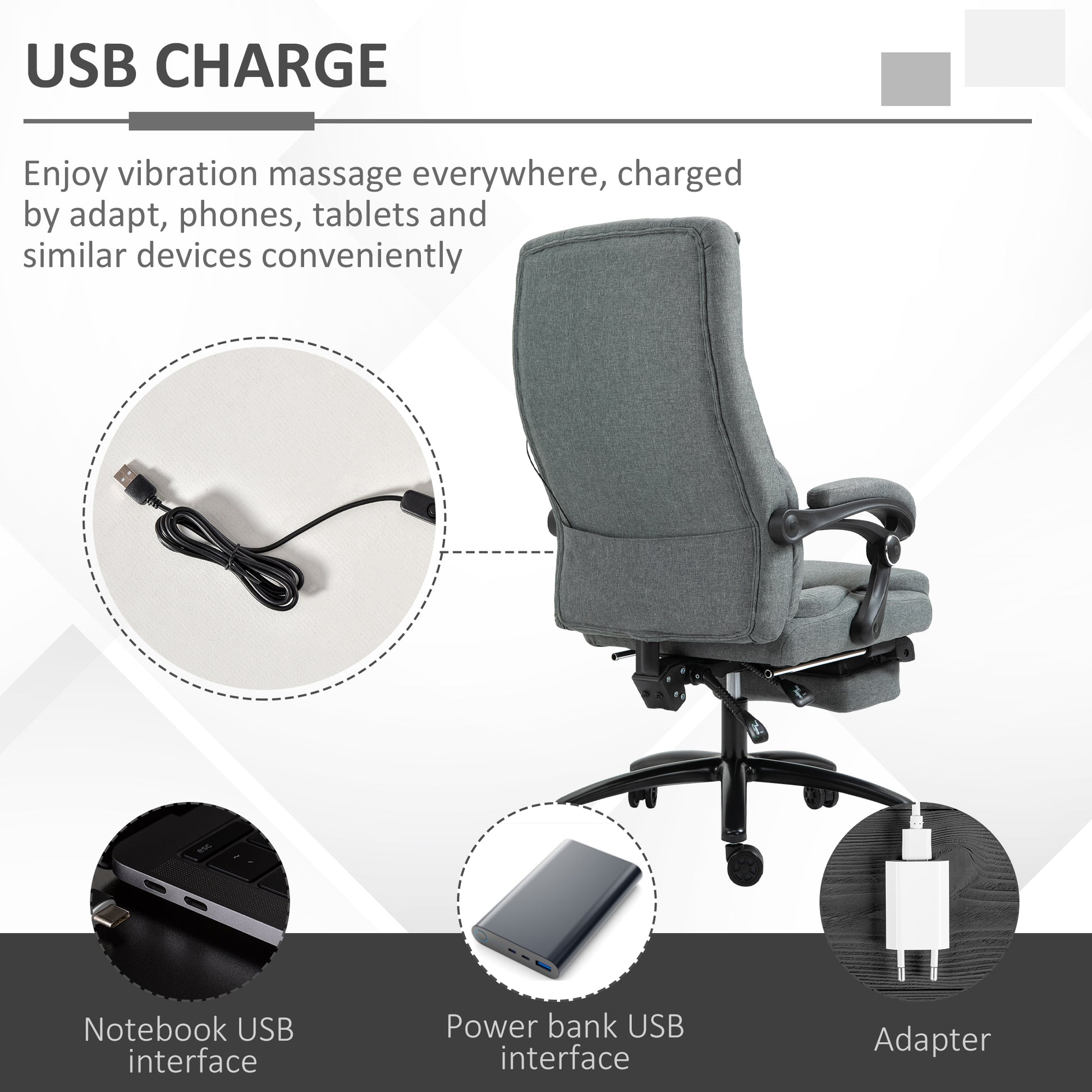 Image for Vinsetto Office Chair 2-Point Removable Vibration Massage Pillow Executive Ergonomic USB Power Adjustable Height 360° Swivel Grey