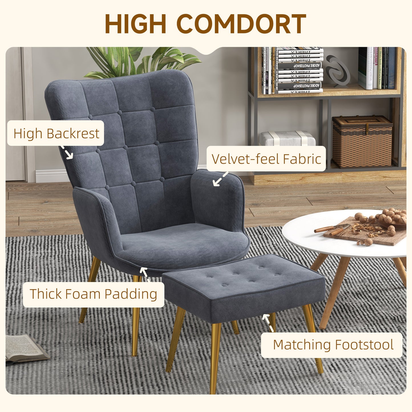 Modern Armchair with Footstool, Upholstered Accent Chair with Ottoman, Steel Legs, Velvet Wingback Chair for Living Room, Bedroom, Home Study