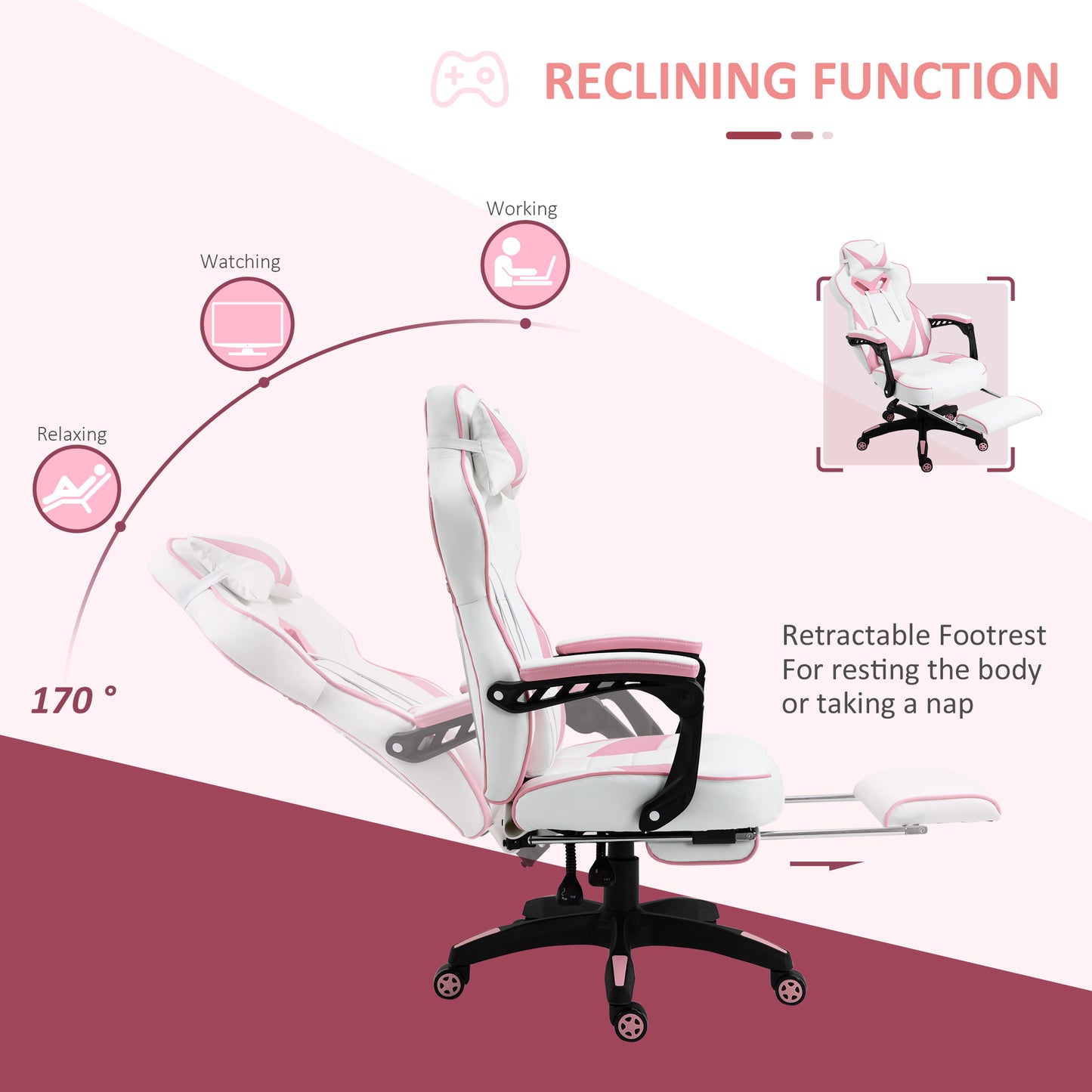 Image for Vinsetto Ergonomic Racing Gaming Chair Office Desk Chair Adjustable Height Recliner with Wheels, Headrest, Lumbar Support, Retractable Footrest, Pink