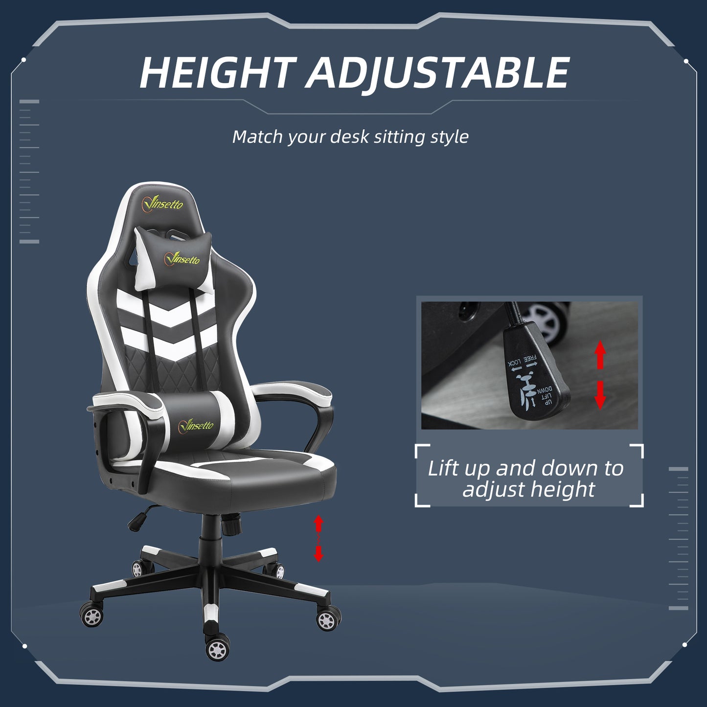 Image for Vinsetto Racing Gaming Chair with Lumbar Support, Headrest, Swivel Wheel, PVC Leather Gamer Desk Chair for Home Office, Grey White