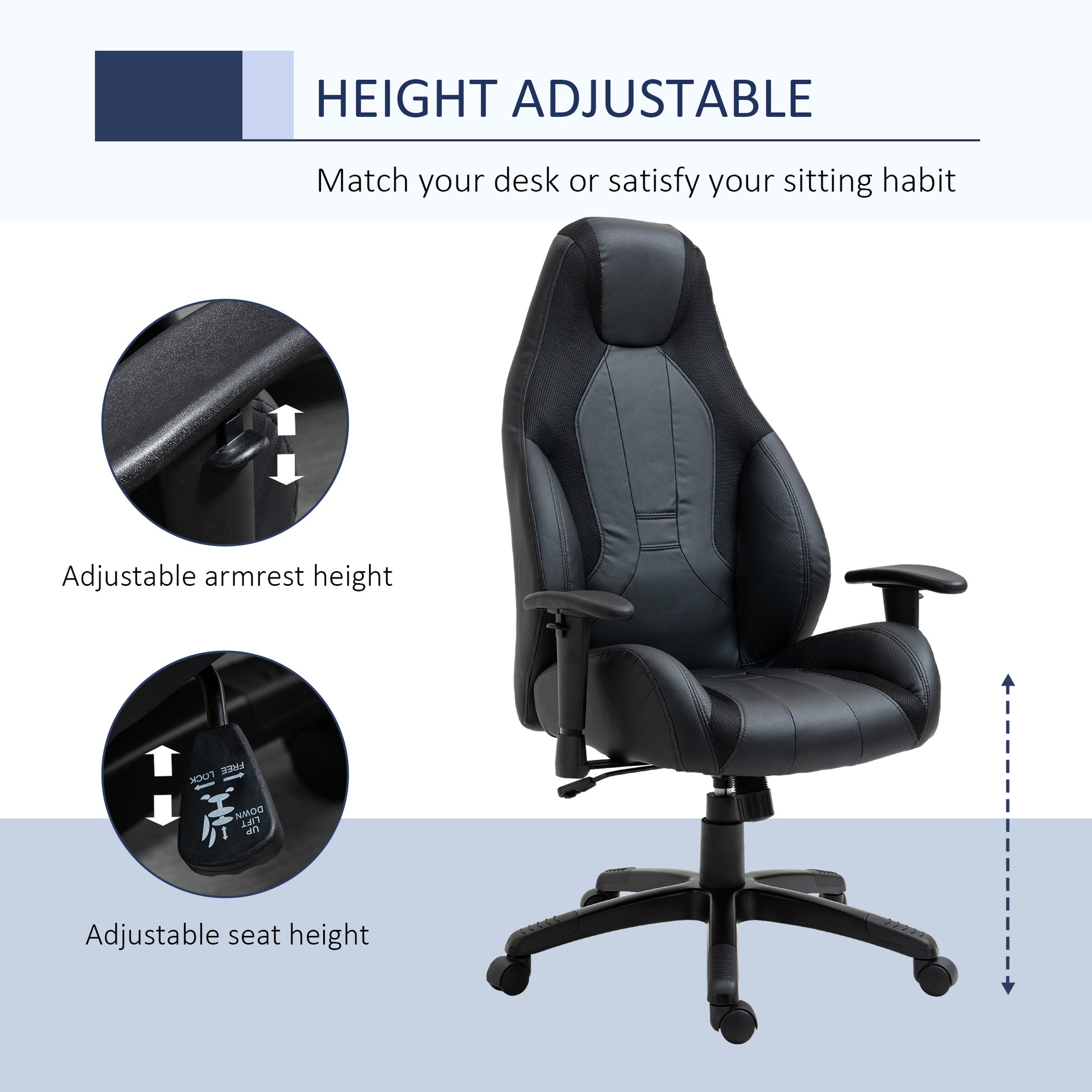 Image for Vinsetto High Back Executive Office Chair Mesh & Fuax Leather Gaming Gamer Chair with Swivel Wheels, Adjustable Height and Armrest, Black