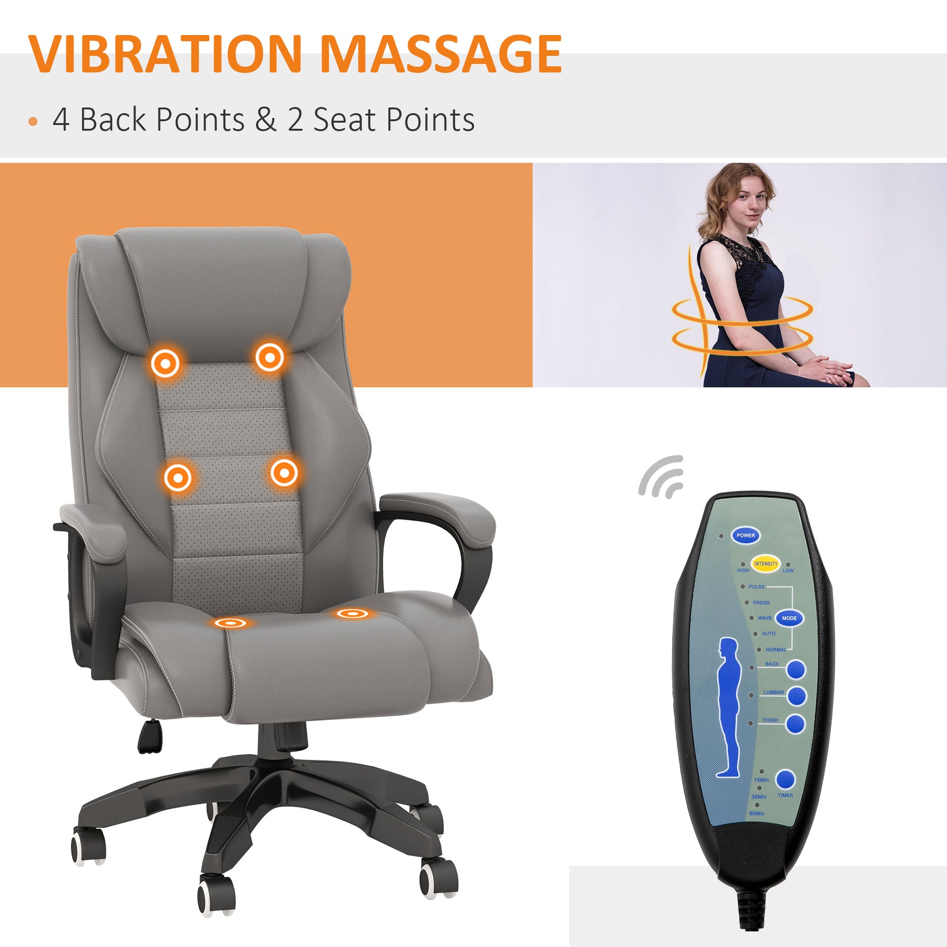 Image for Vinsetto High Back Executive Office Chair 6- Point Vibration Massage Extra Padded Swivel Ergonomic Tilt Desk Seat, Grey