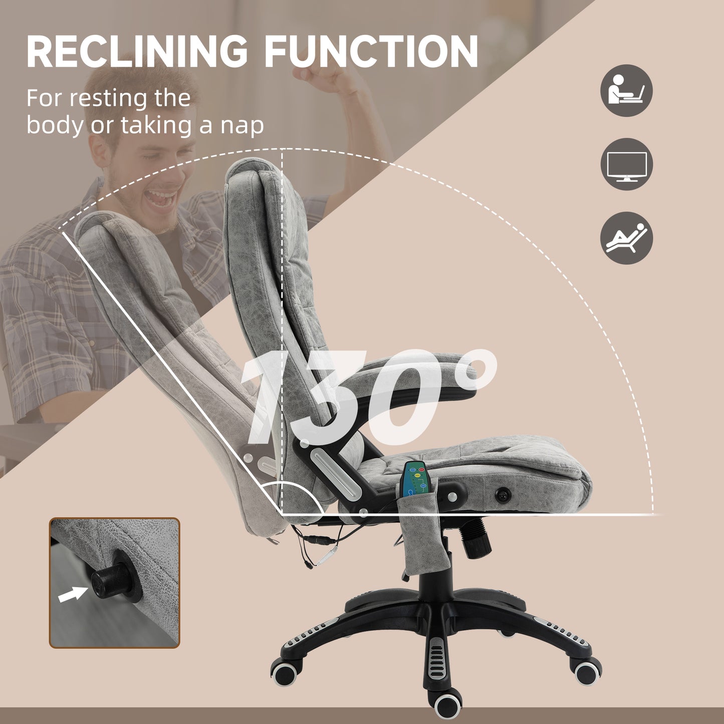 Image for Vinsetto Massage Recliner Chair Heated Office Chair with Six Massage Points Microfiber Cloth 360° Swivel Wheels Grey