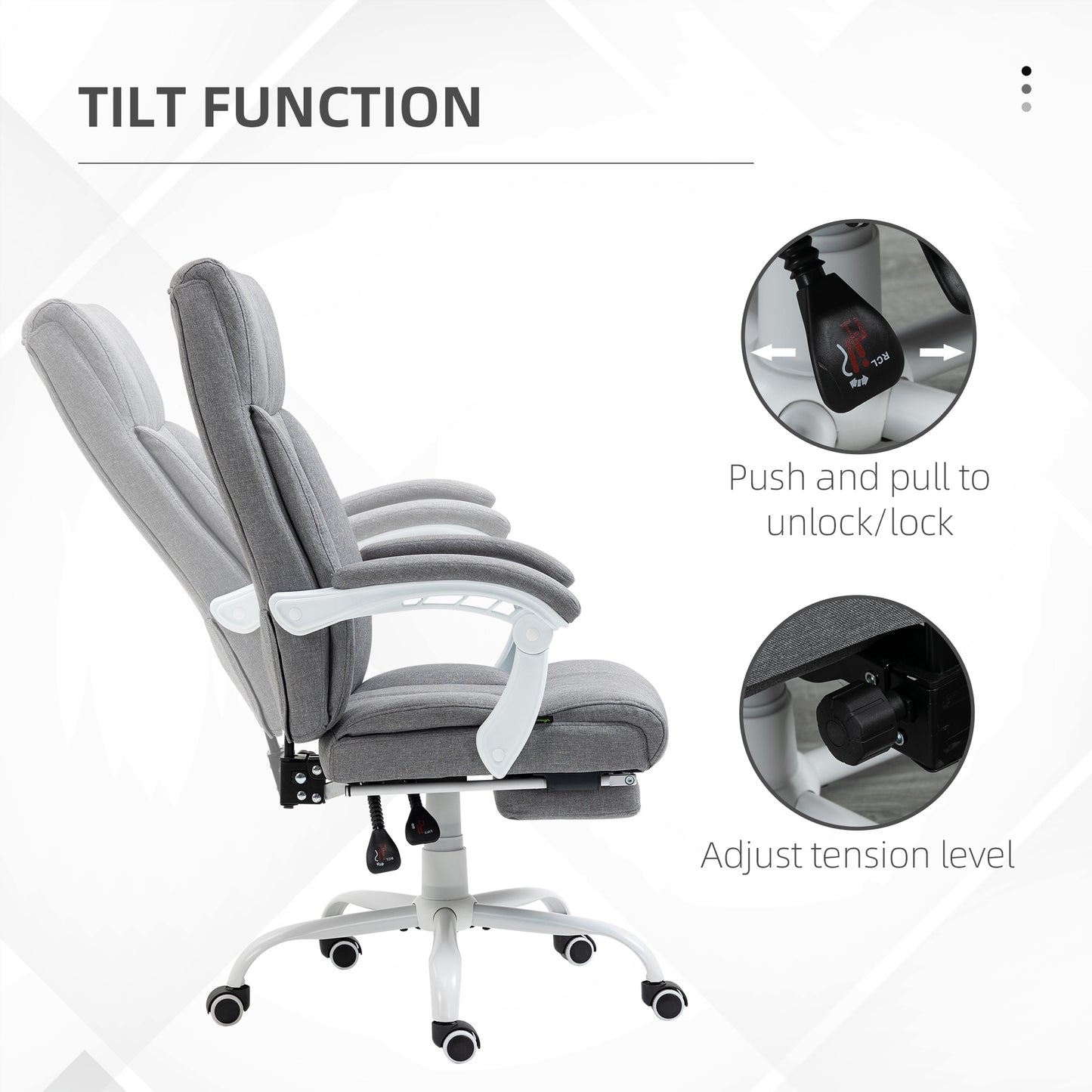 Image for Vinsetto Executive Office Chair, Fabric Reclining Desk Chair with Foot Rest, Arm, Swivel Wheels, Adjustable Height, Grey