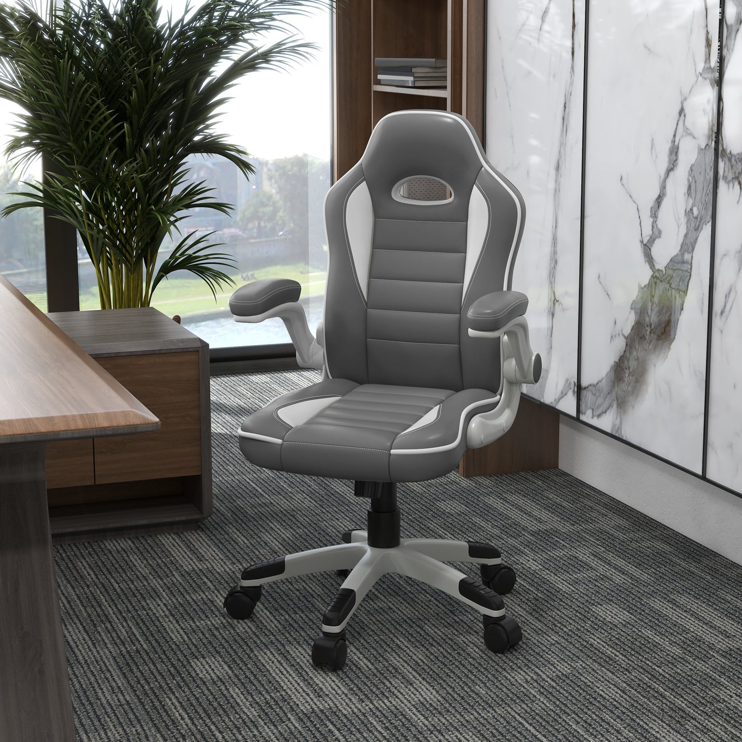 Image for HOMCOM Racing Gaming Chair, PU Leather Computer Desk Chair, Height Adjustable Swivel Chair With Tilt Function and Flip Up Armrests, Grey